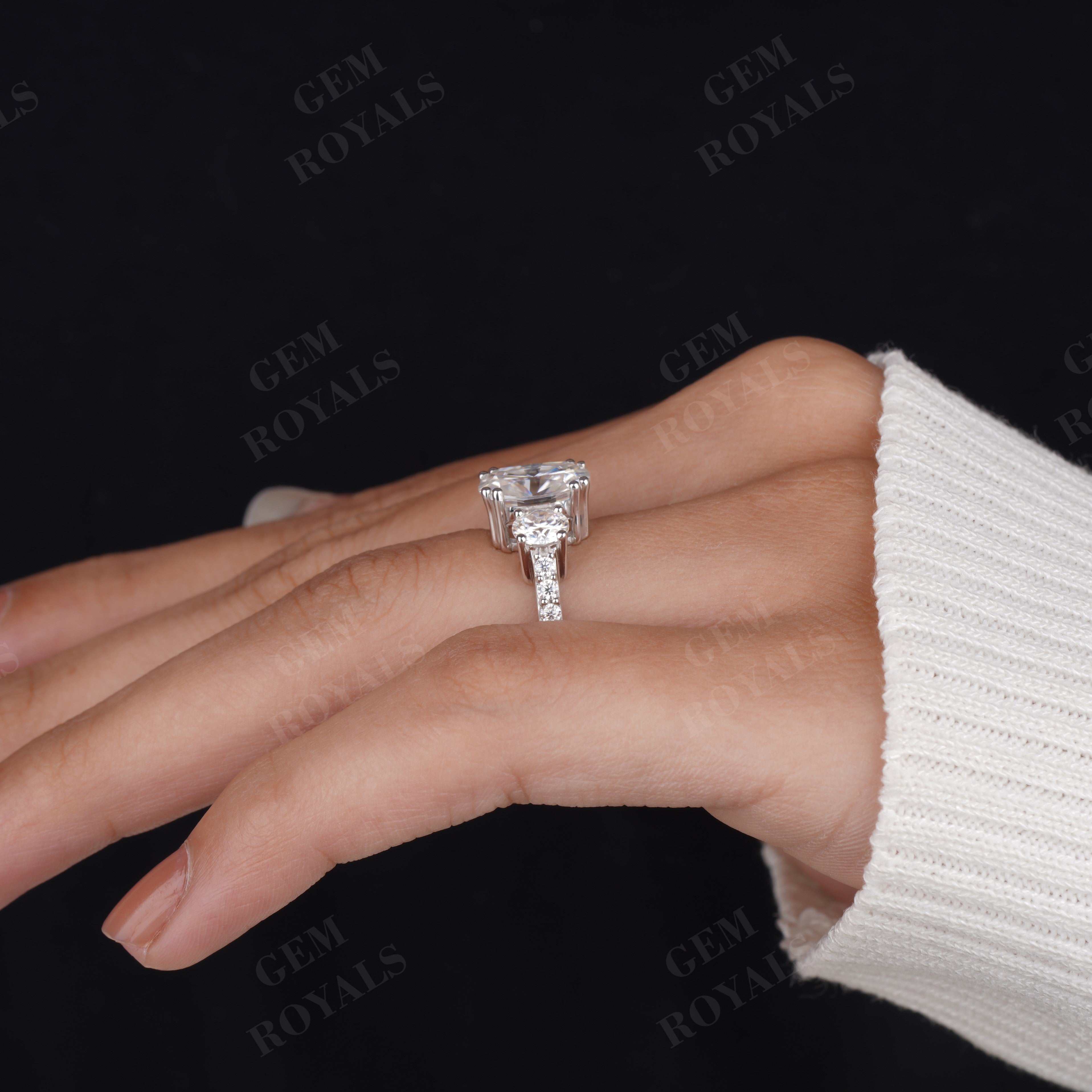 Meghan Cushion Trilogy With Pave Moissanite Engagement Ring