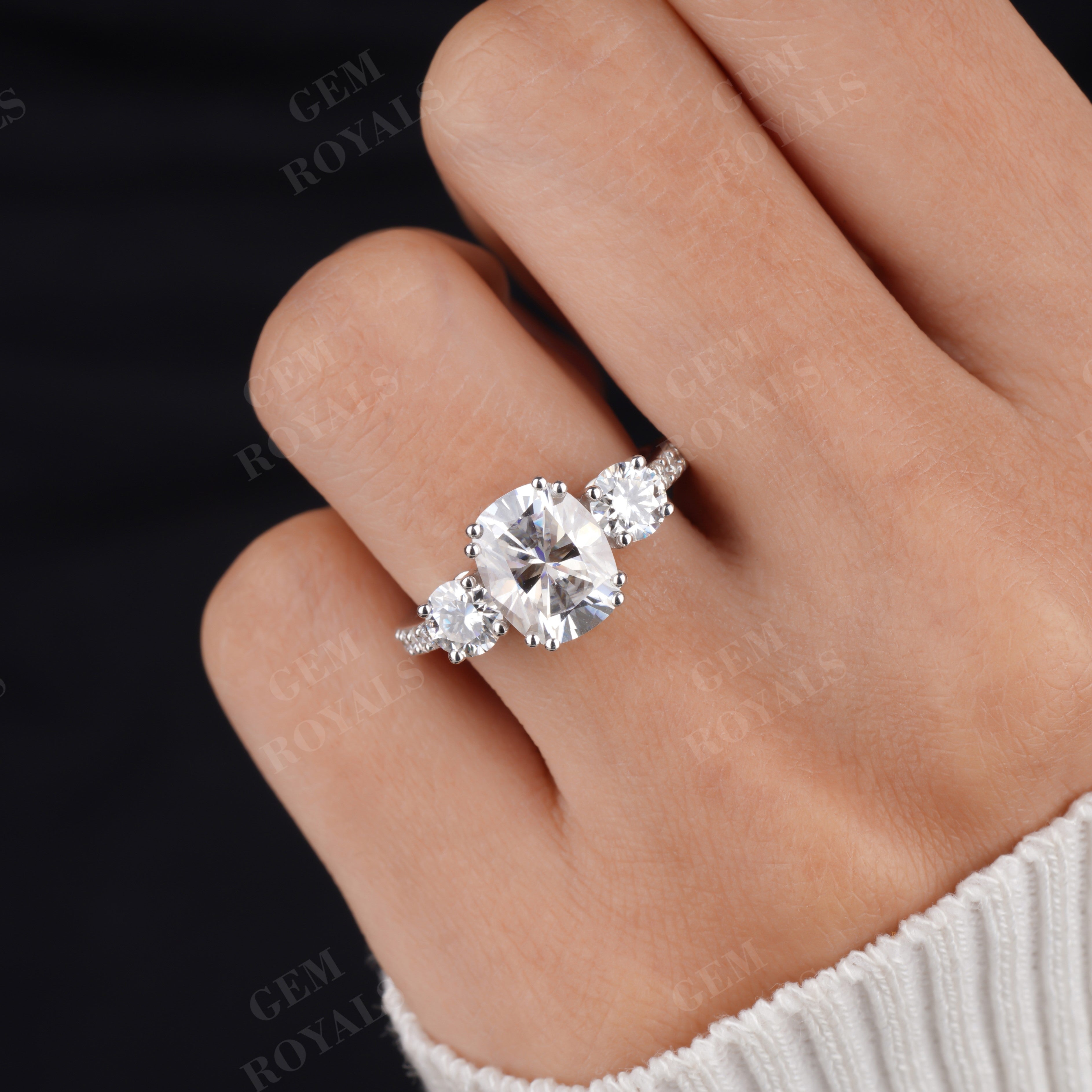 Meghan Cushion Trilogy With Pave Moissanite Engagement Ring