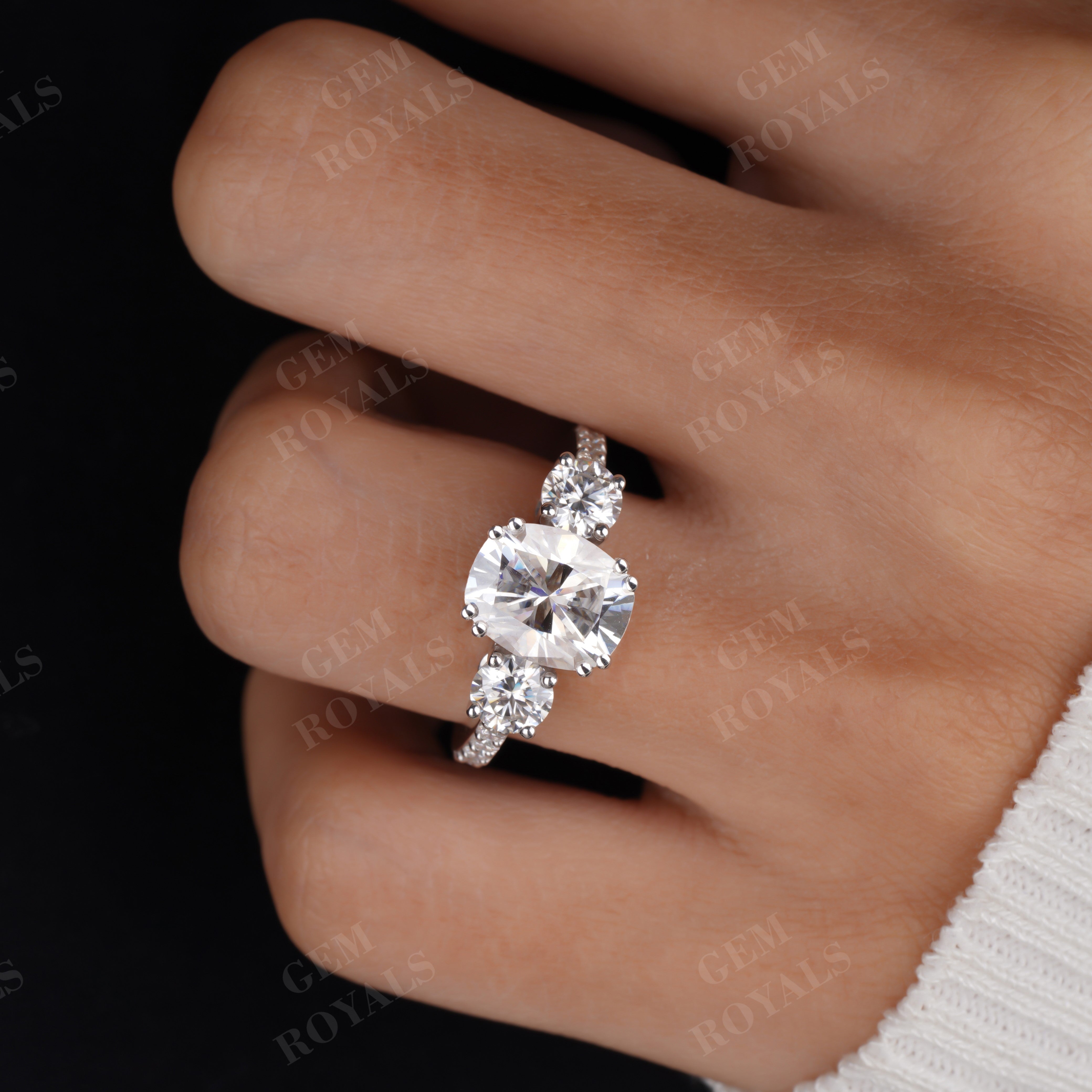 Meghan Cushion Trilogy With Pave Moissanite Engagement Ring