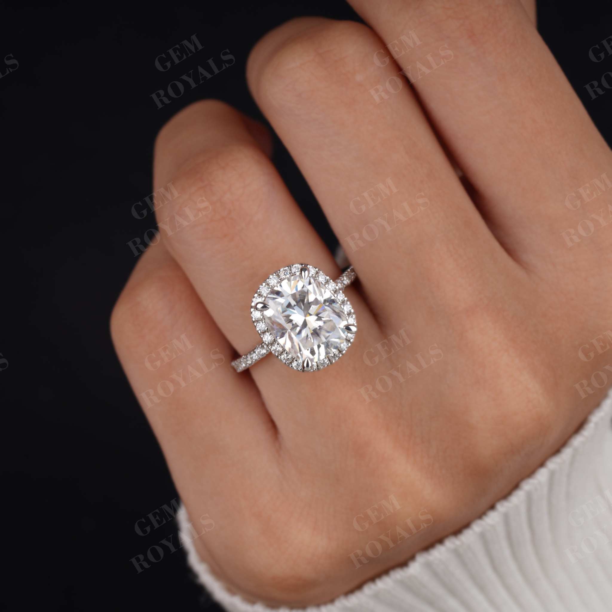 Huge Elongated Cushion Moissanite Hidden Halo Engagement Ring