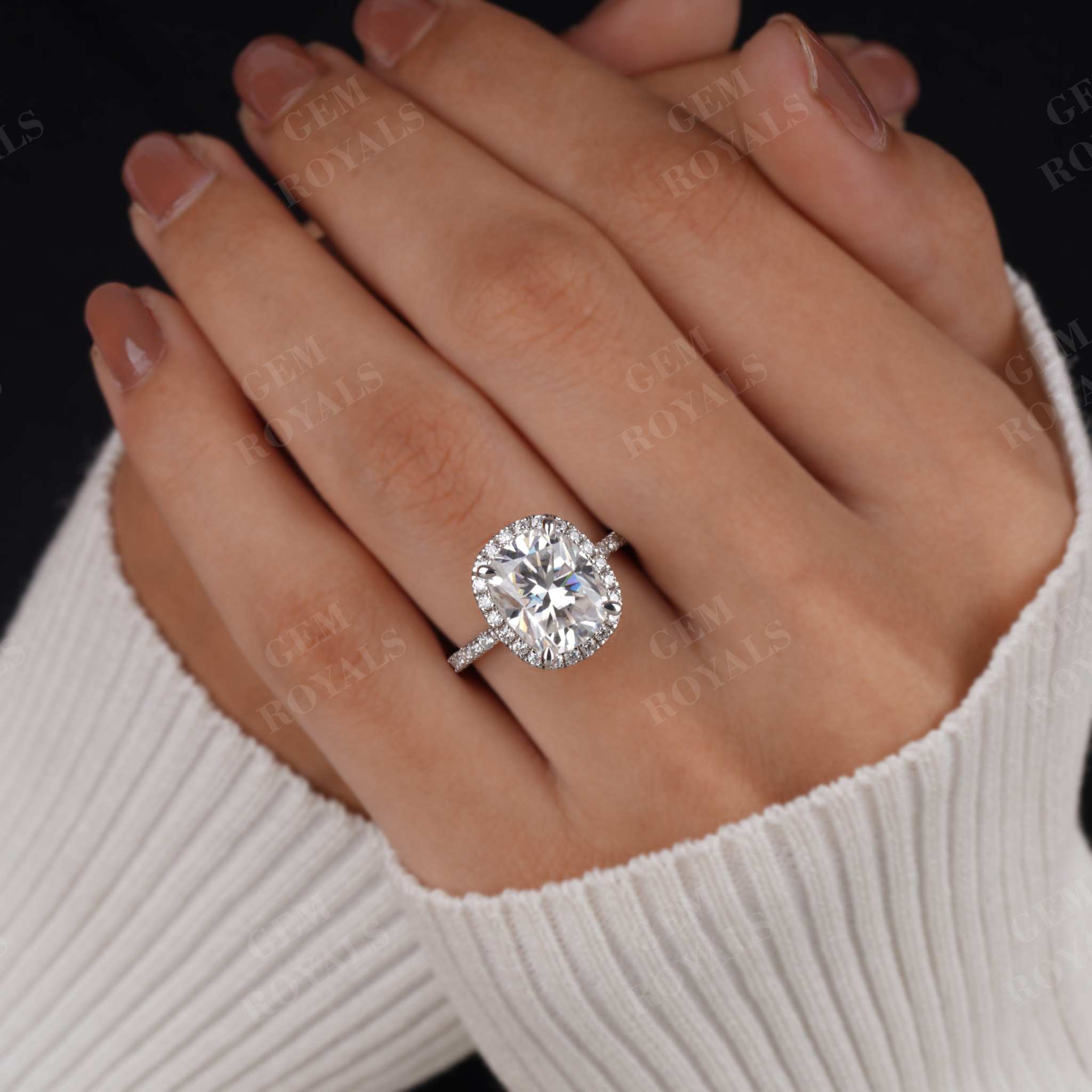 Huge Elongated Cushion Moissanite Hidden Halo Engagement Ring