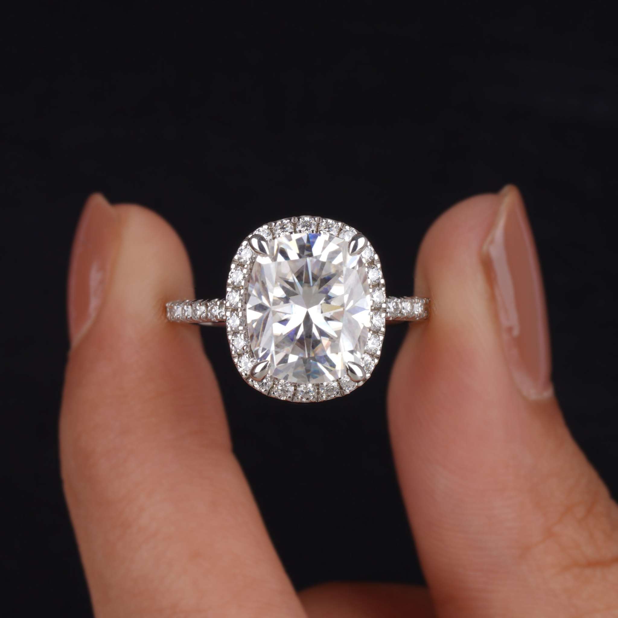 Huge Elongated Cushion Moissanite Hidden Halo Engagement Ring