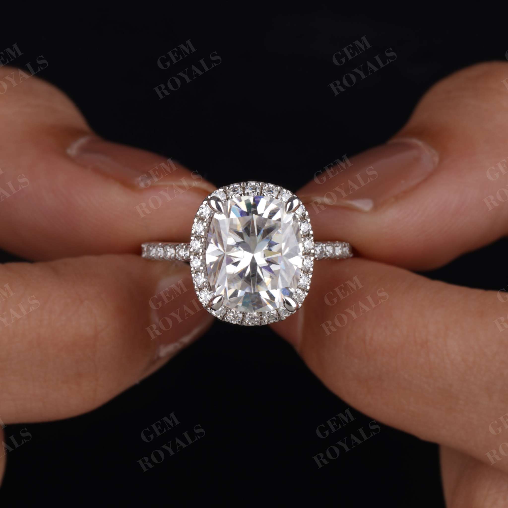 Huge Elongated Cushion Moissanite Hidden Halo Engagement Ring