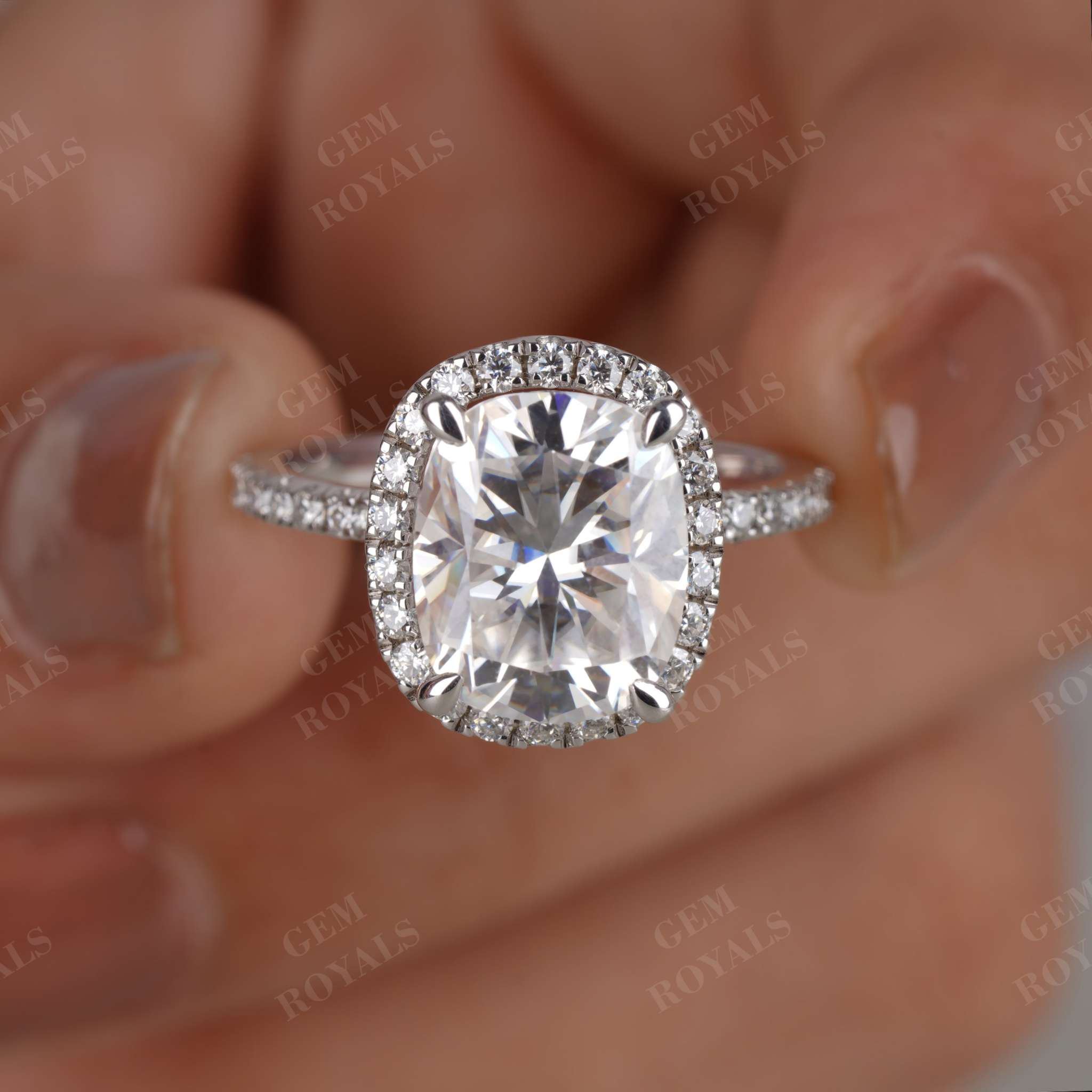 Huge Elongated Cushion Moissanite Hidden Halo Engagement Ring