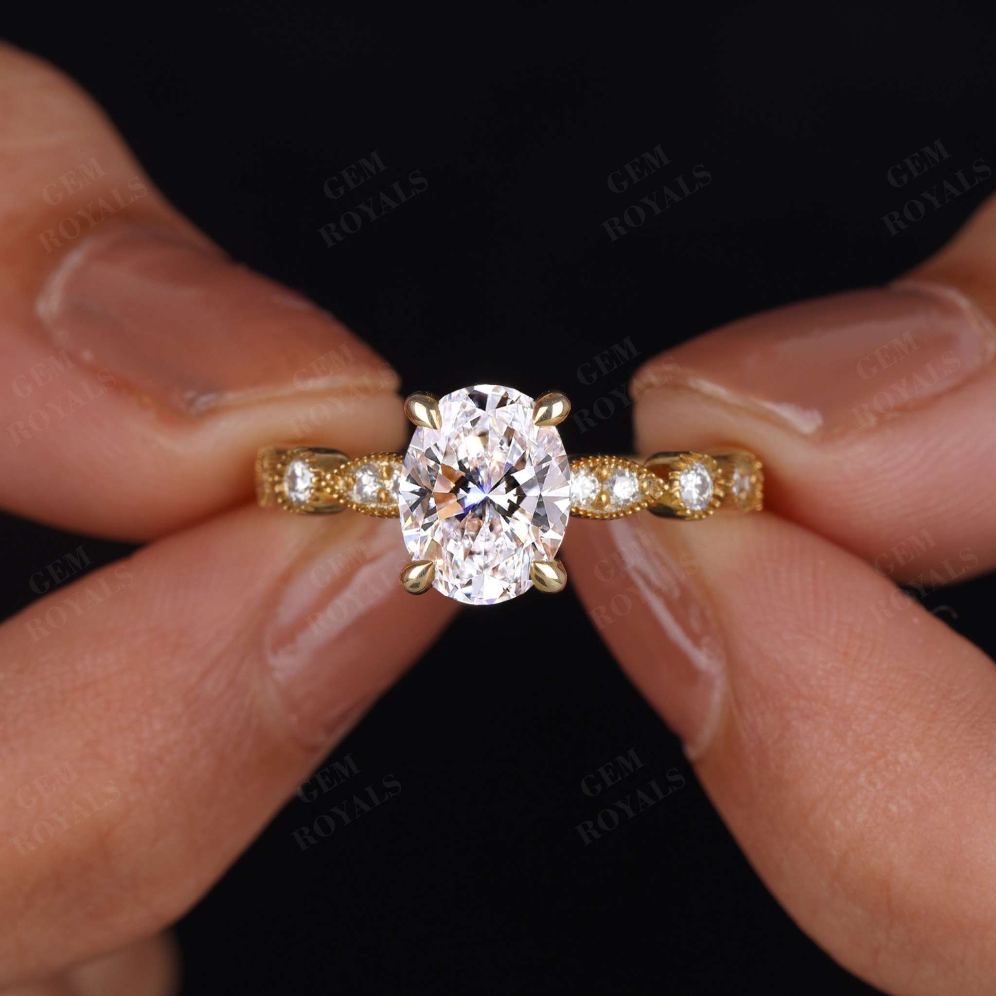 Art Deco Oval Cut Lab Grown Diamond Engagement Ring