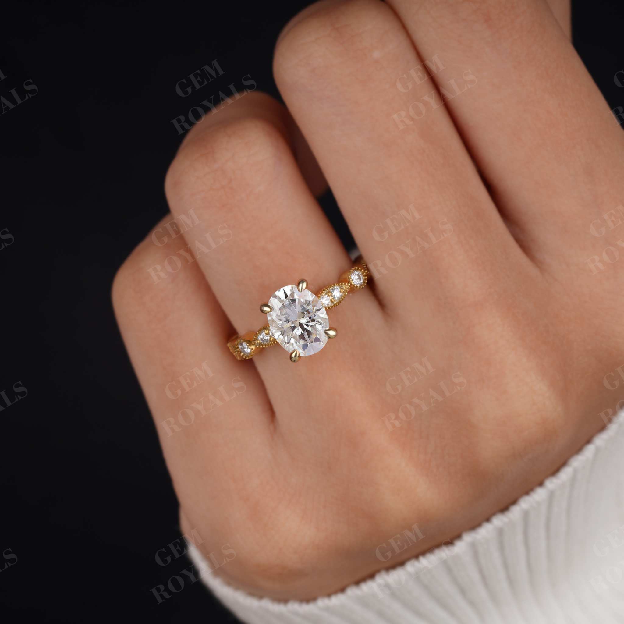 Vintage Style Oval Moissanite Pave Engagement Ring