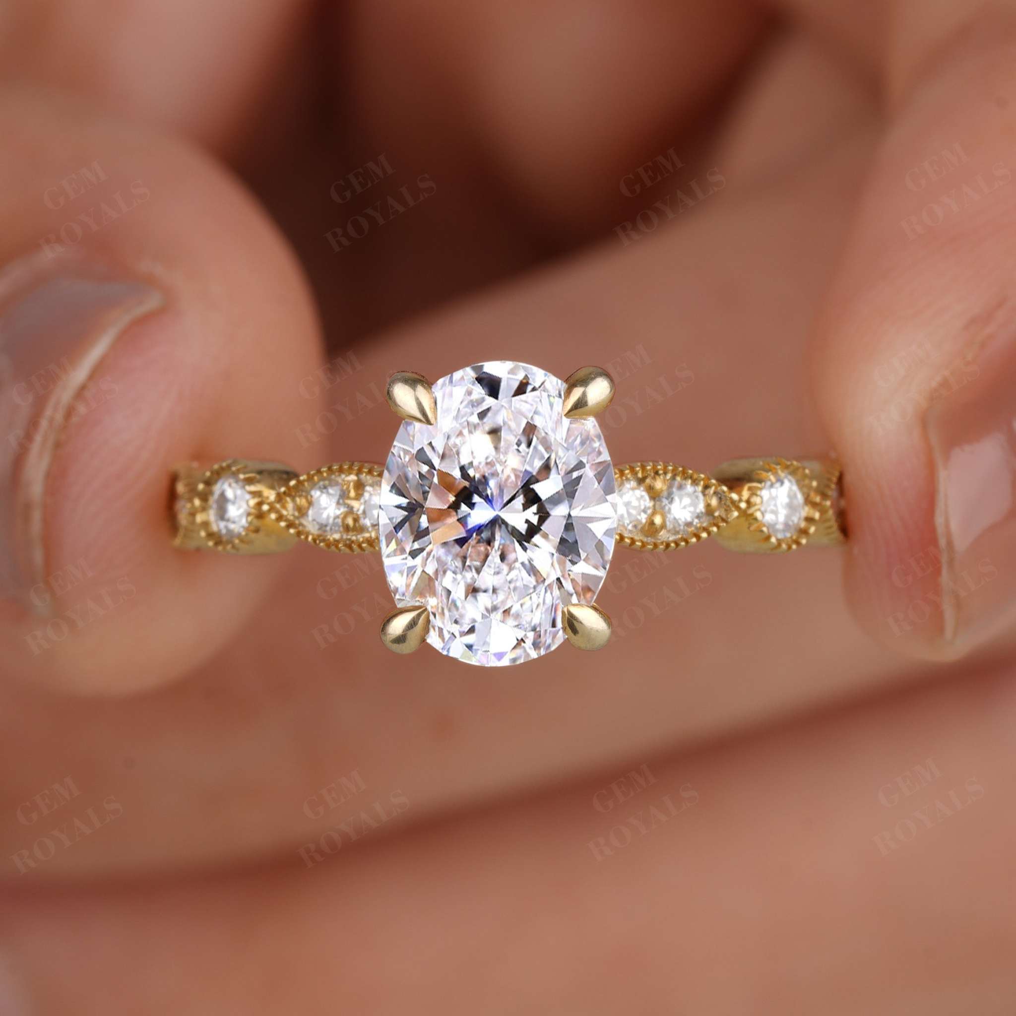 Art Deco Oval Cut Lab Grown Diamond Engagement Ring