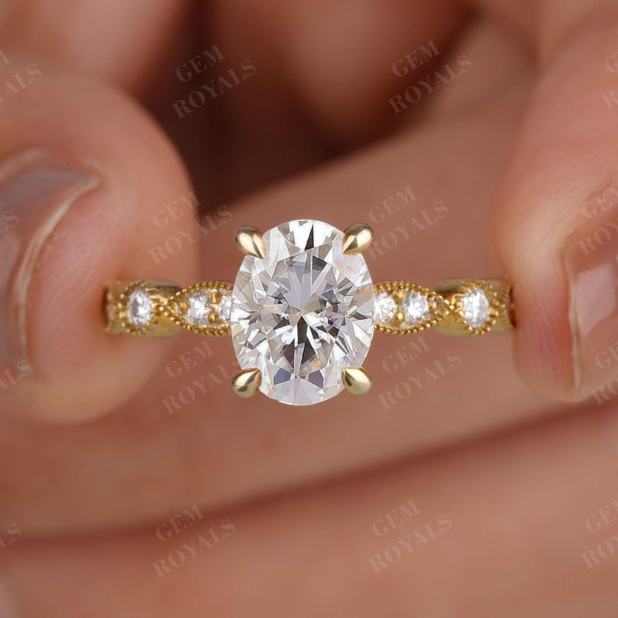 Vintage Style Oval Moissanite Pave Engagement Ring