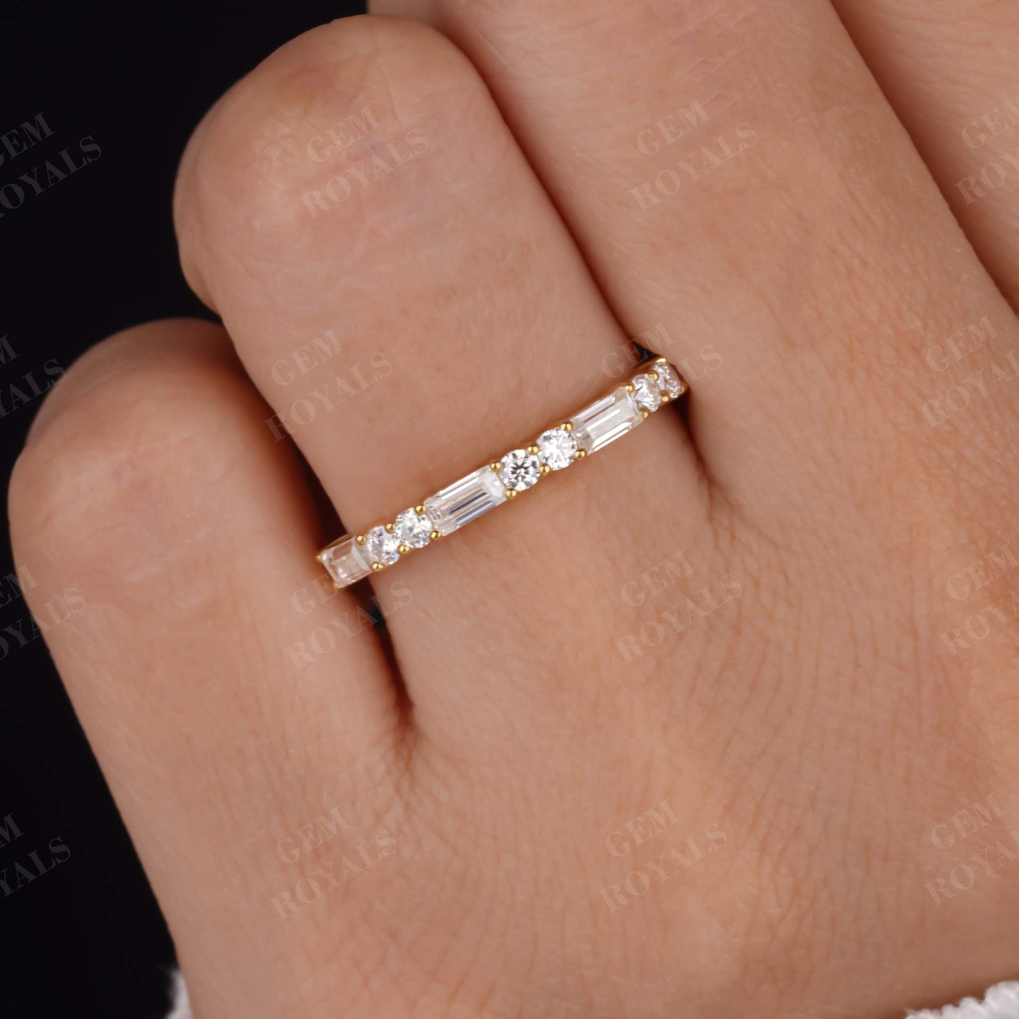 Baguette and Round Lab Diamond Half Eternity Wedding Band