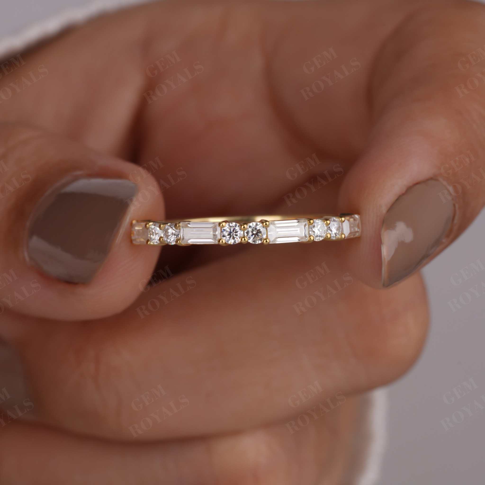 Baguette and Round Lab Diamond Half Eternity Wedding Band