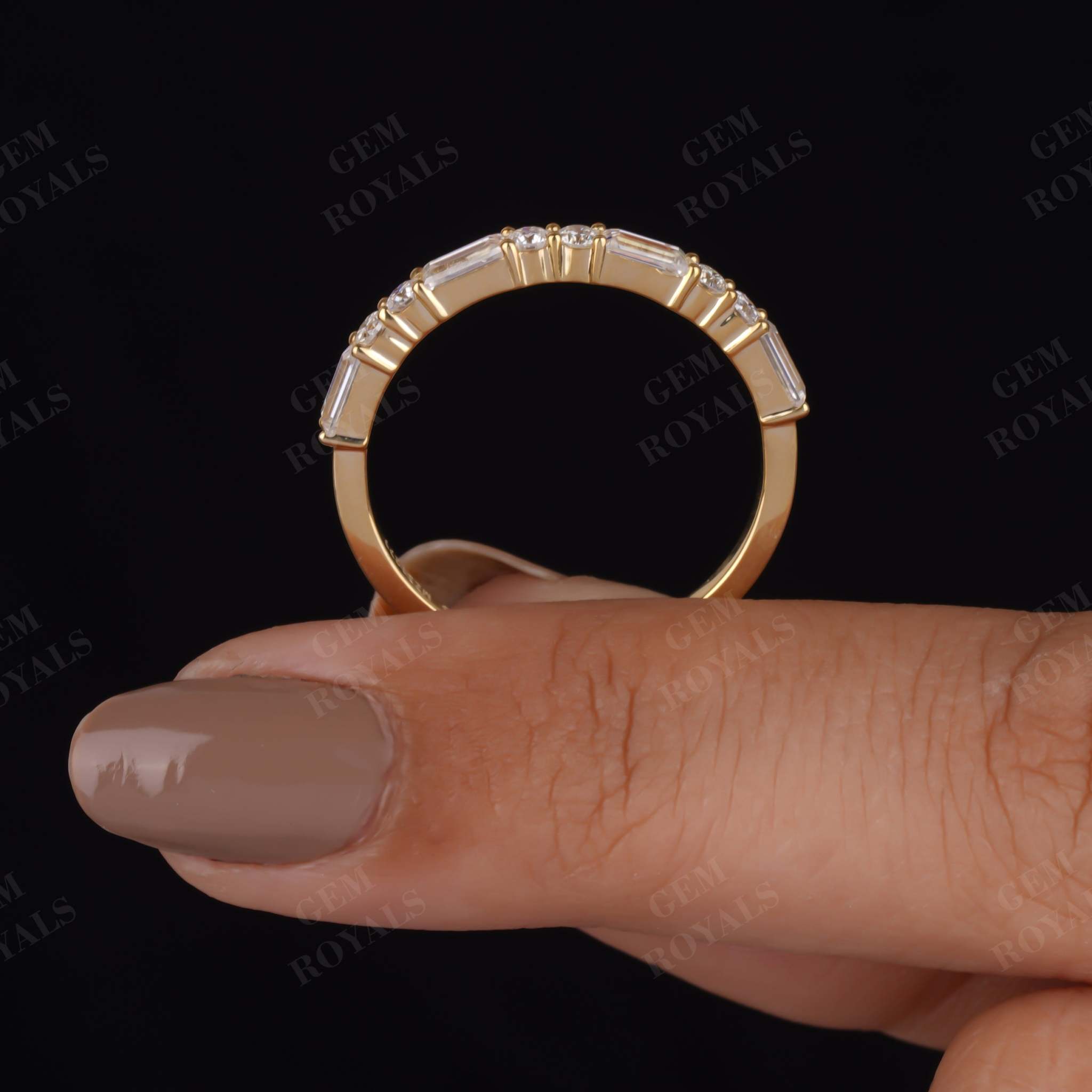 Baguette and Round Lab Diamond Half Eternity Wedding Band