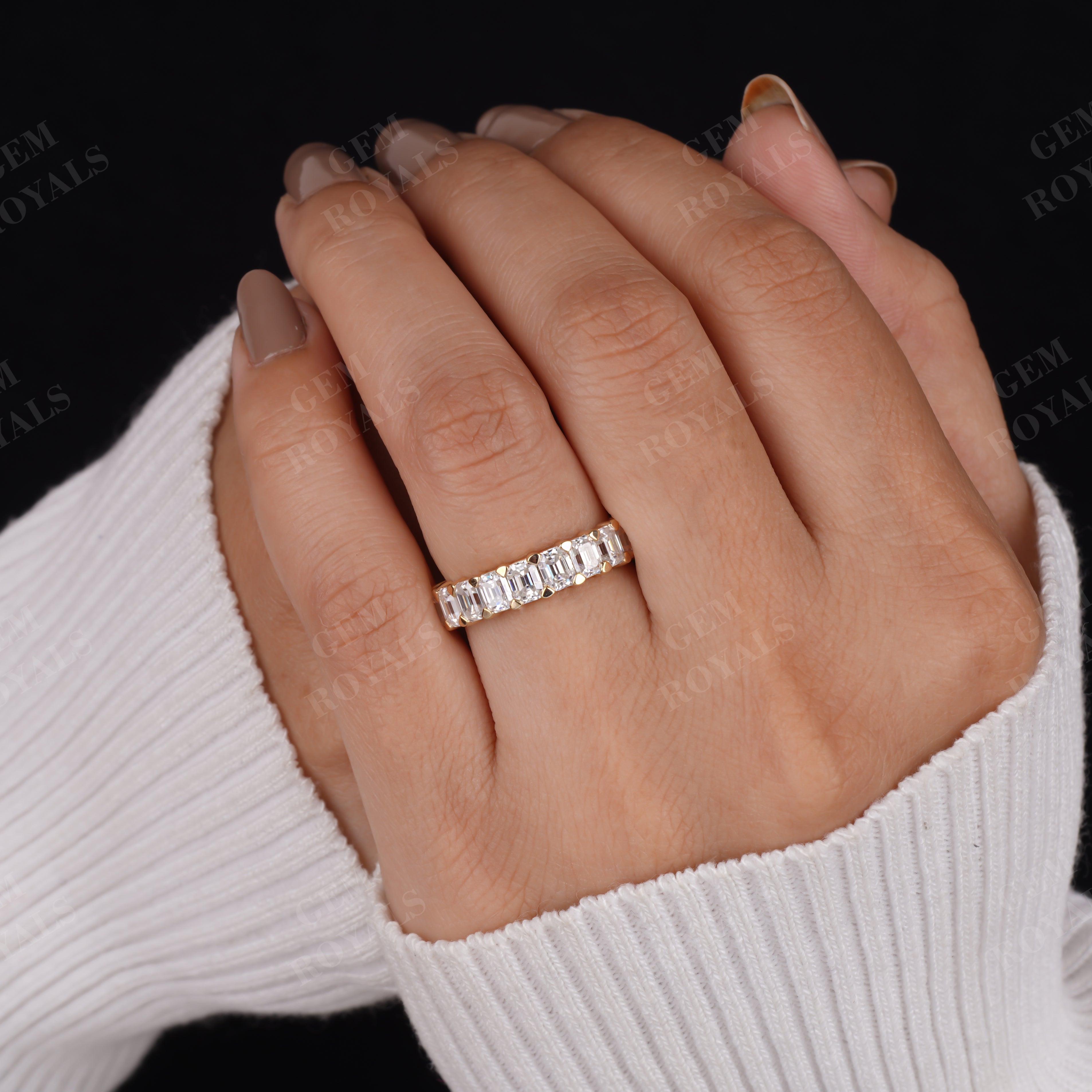 Emerald Cut Moissanite Half Eternity Wedding Band