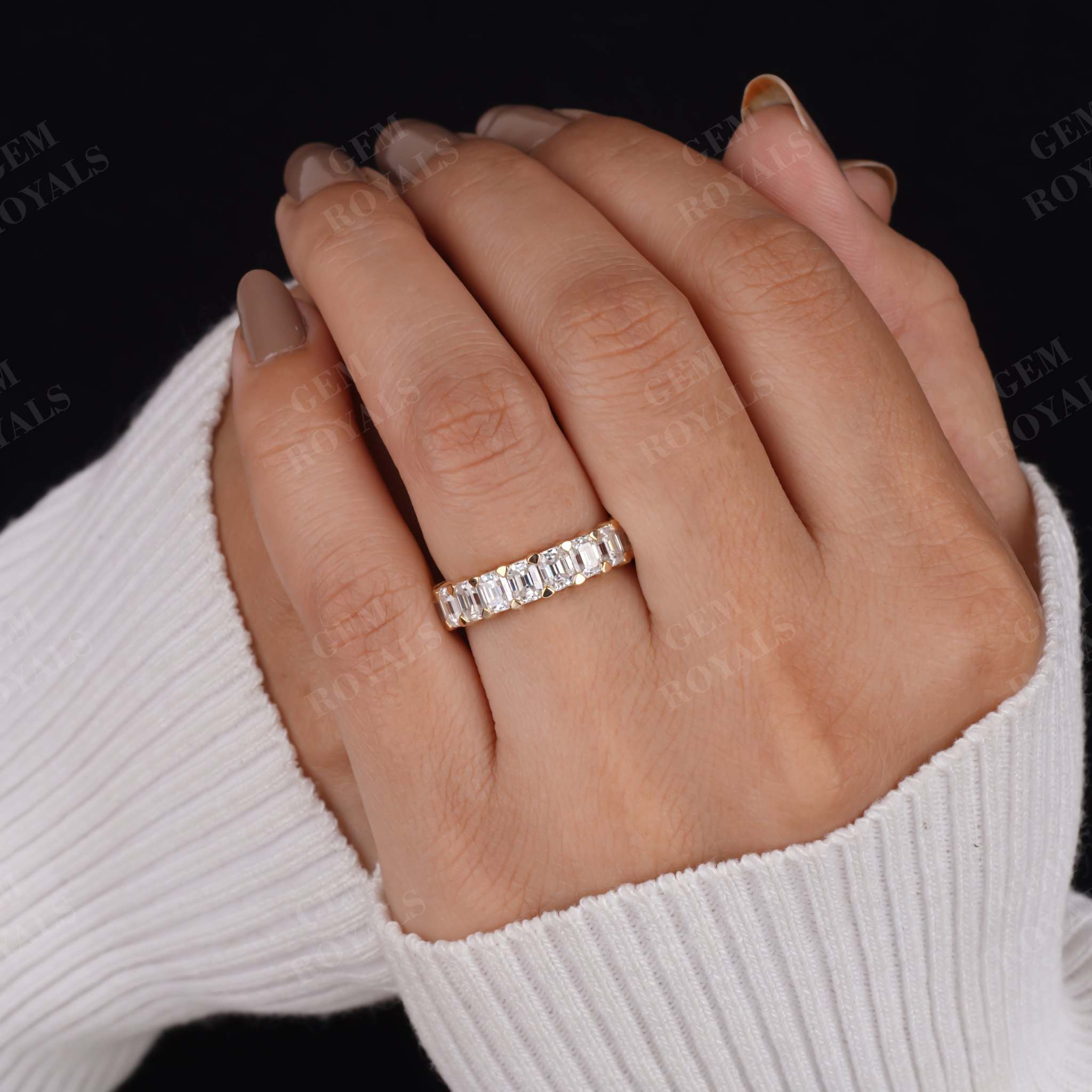 Emerald Cut Lab Grown Diamond Half Eternity Wedding Band