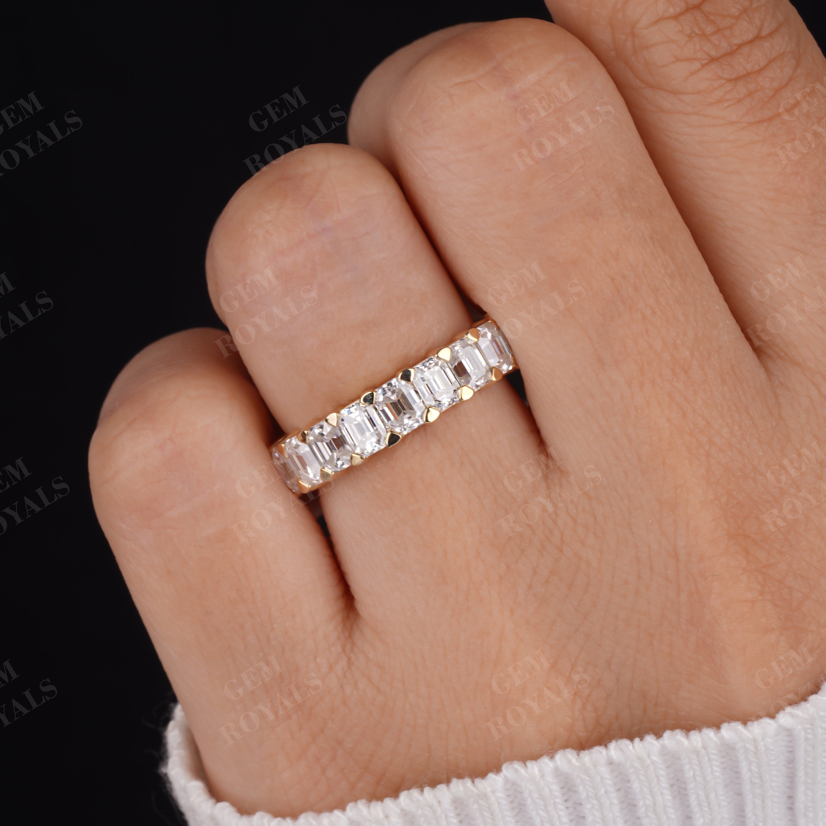 Emerald Cut Moissanite Half Eternity Wedding Band