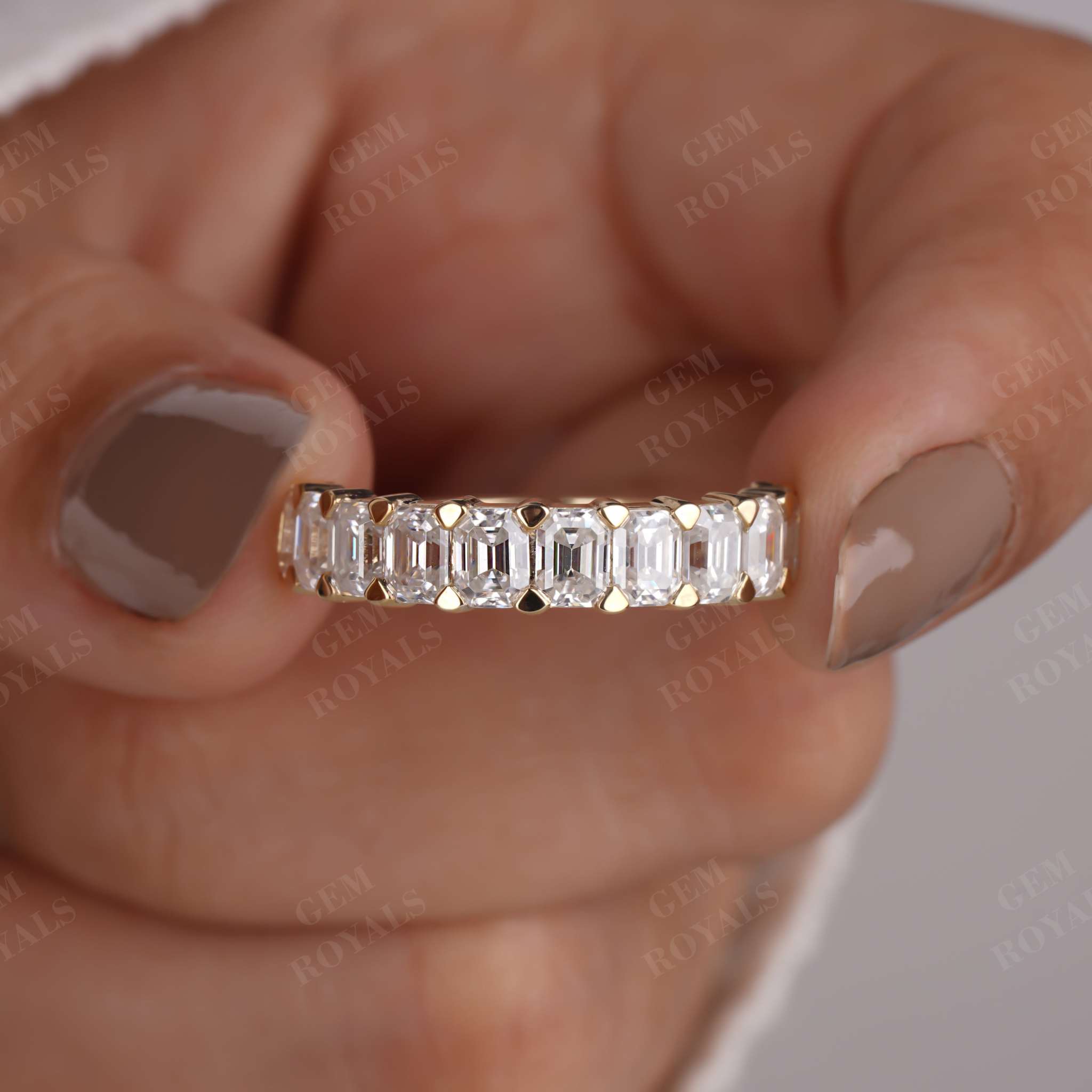 Emerald Cut Lab Grown Diamond Half Eternity Wedding Band