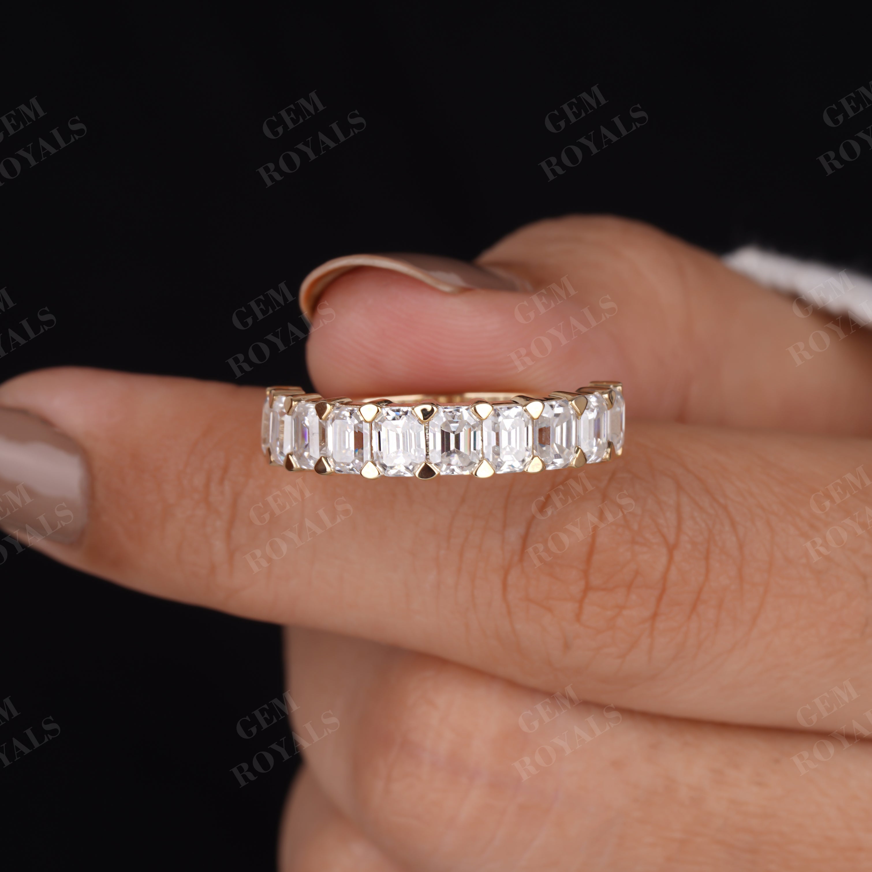 Emerald Cut Moissanite Half Eternity Wedding Band