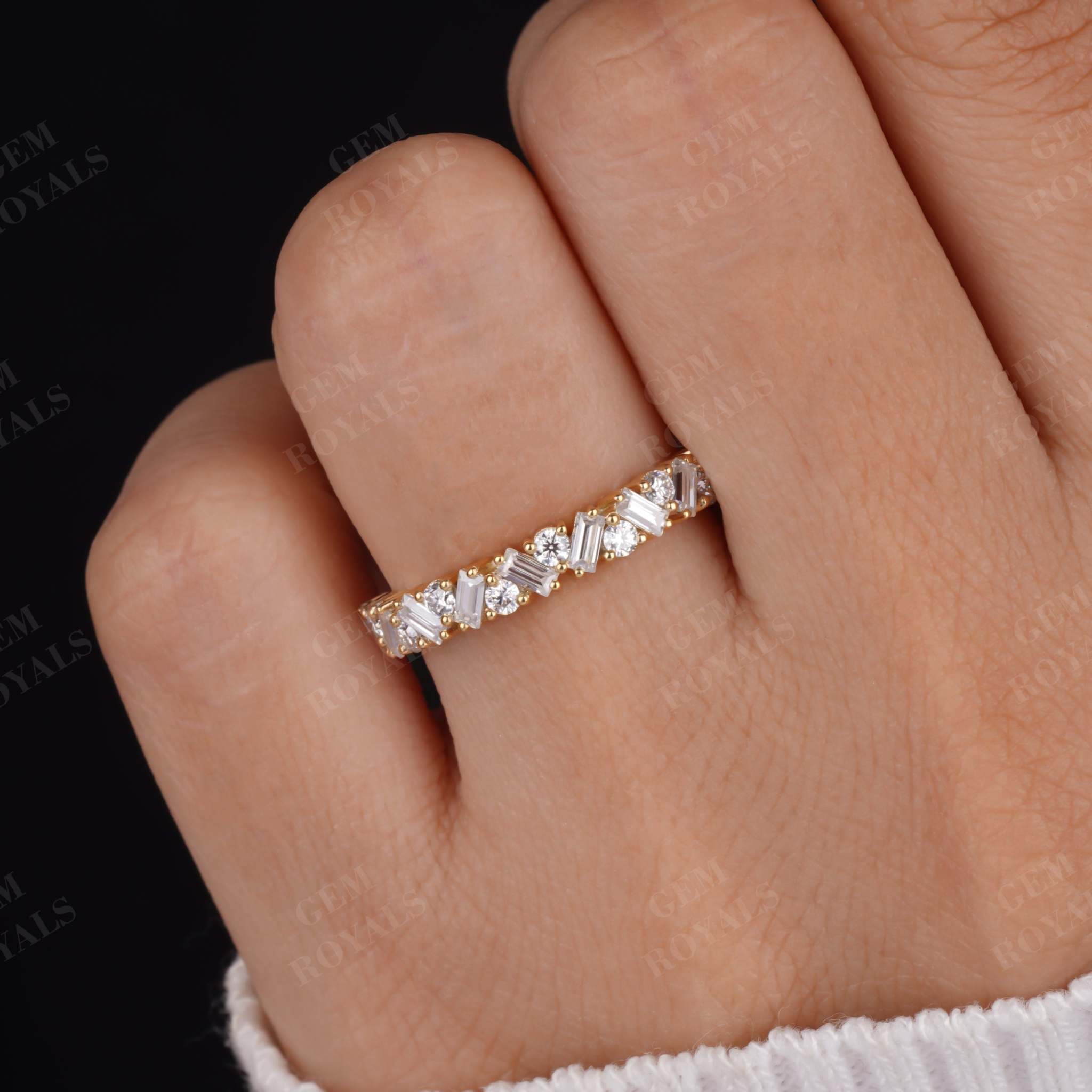 Round and Baguette Moissanite Wedding Half Eternity Band