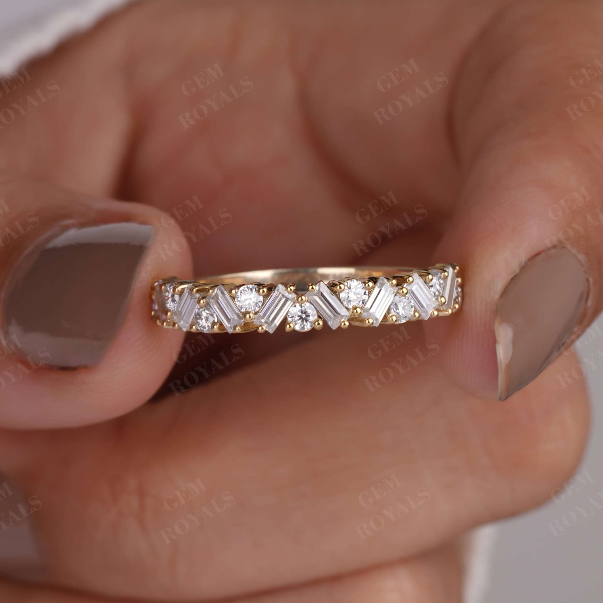 Round and Baguette Moissanite Wedding Half Eternity Band