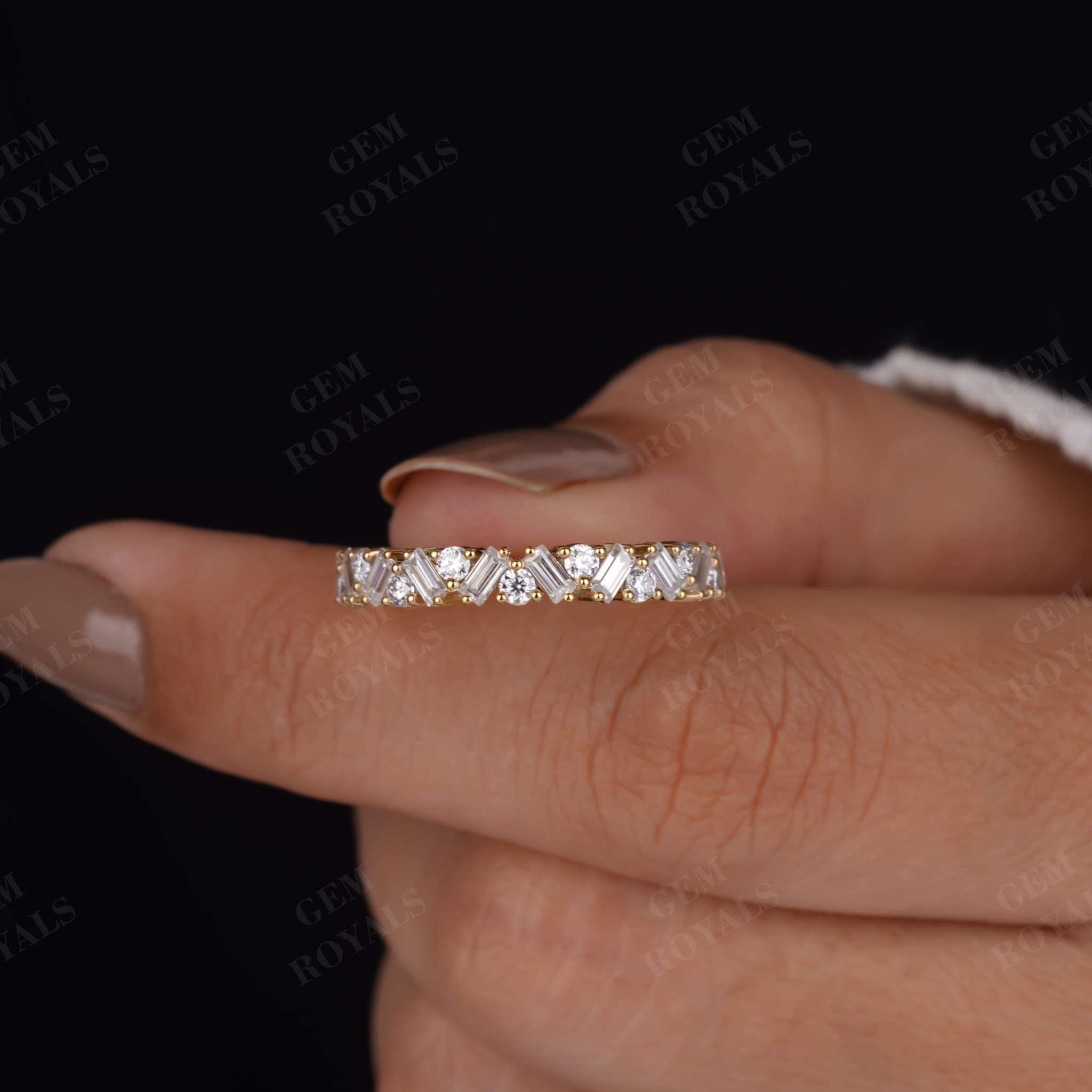 Round and Baguette Moissanite Wedding Half Eternity Band