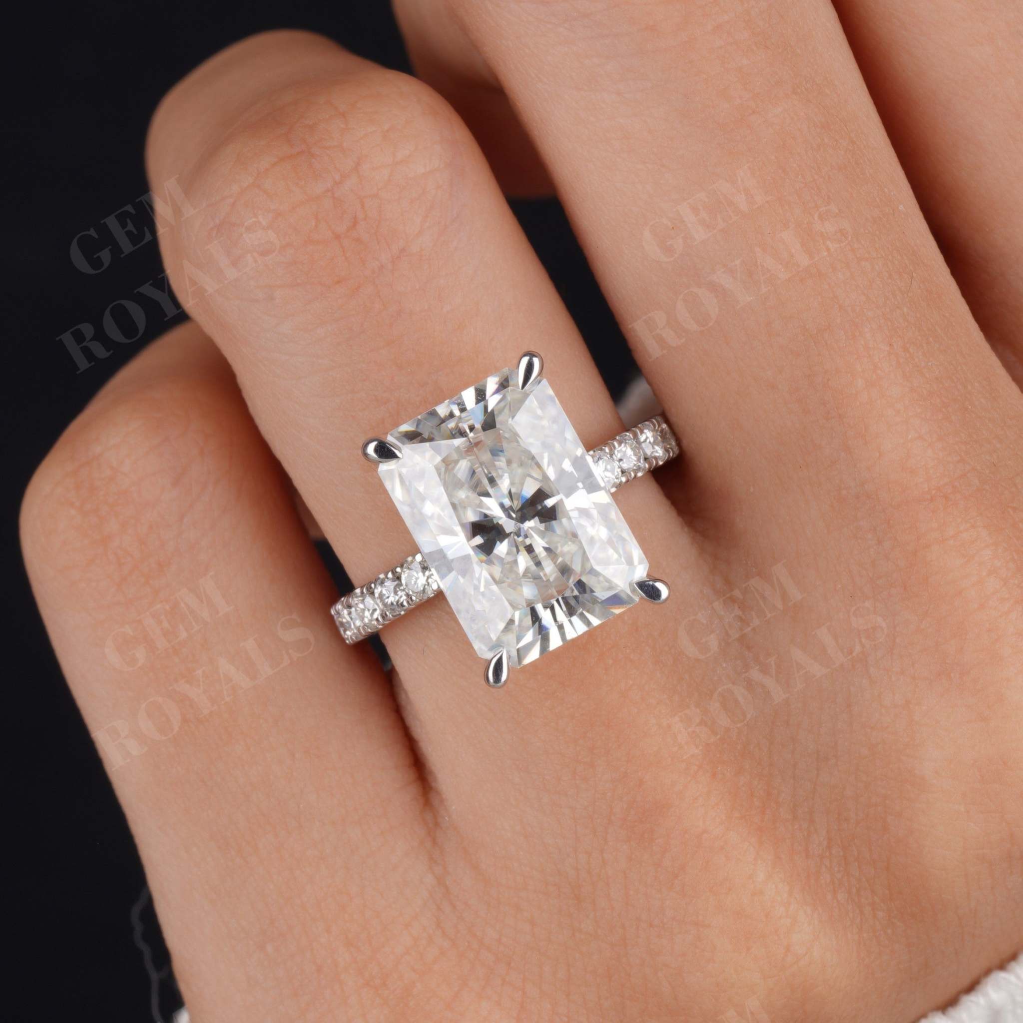 Huge Radiant Moissanite Pave Hidden Halo Engagement Ring