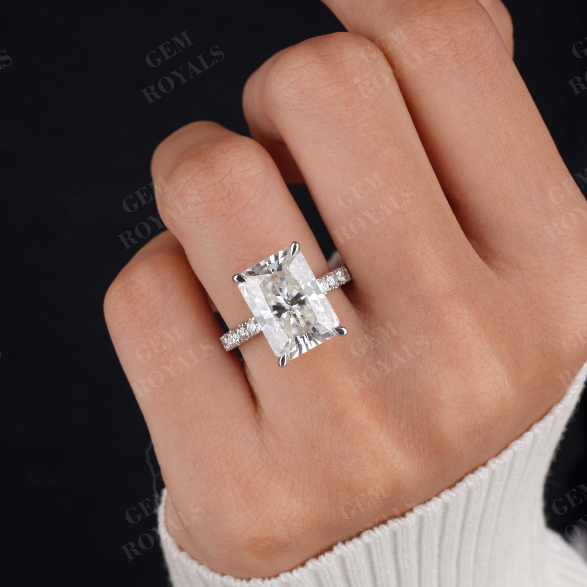 Huge Radiant Moissanite Pave Hidden Halo Engagement Ring