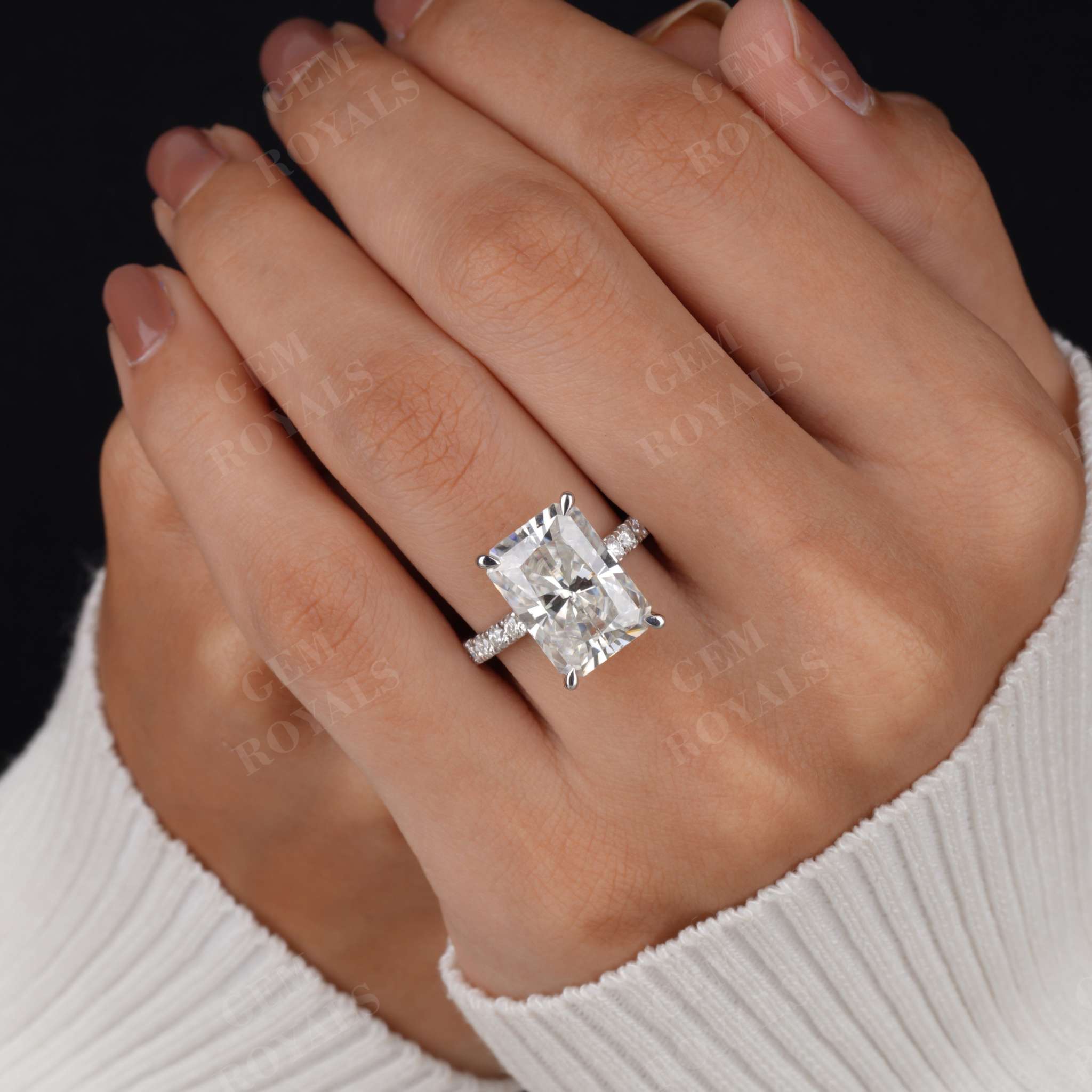 Huge Radiant Moissanite Pave Hidden Halo Engagement Ring