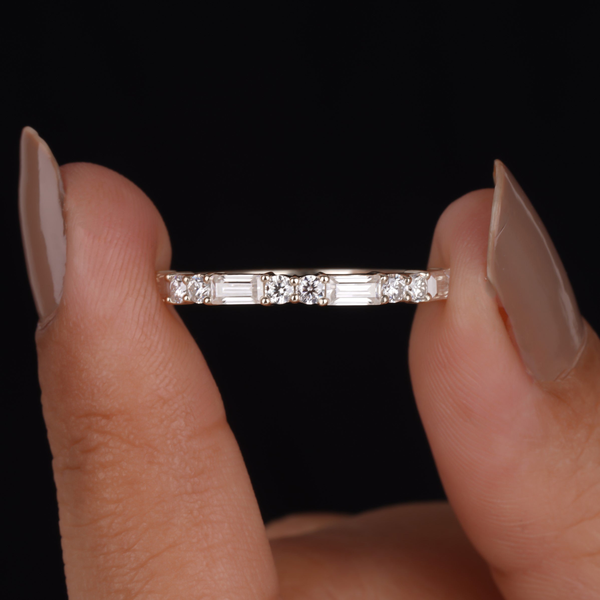 Baguette and Round Lab Diamond Half Eternity Wedding Band