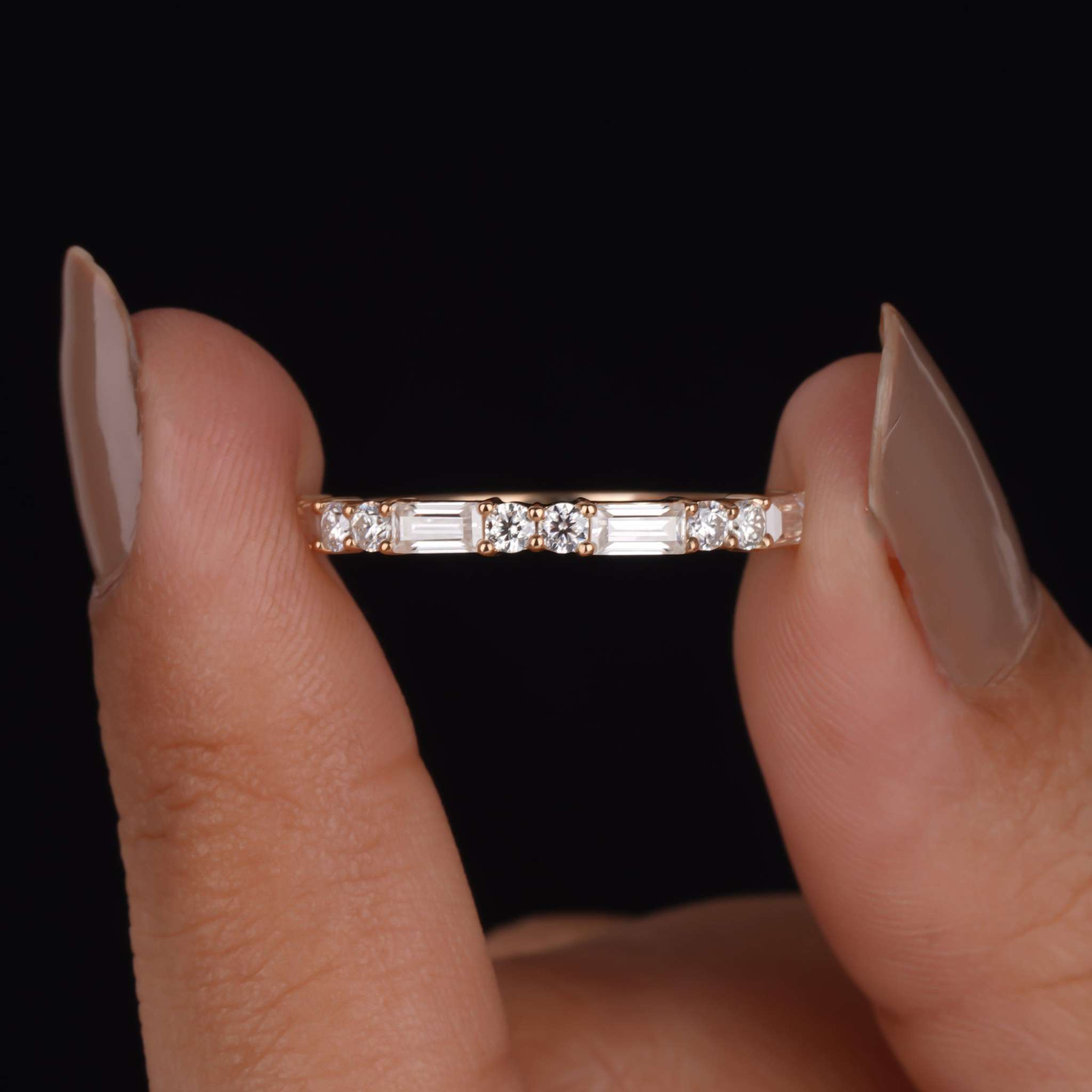 Baguette and Round Lab Diamond Half Eternity Wedding Band