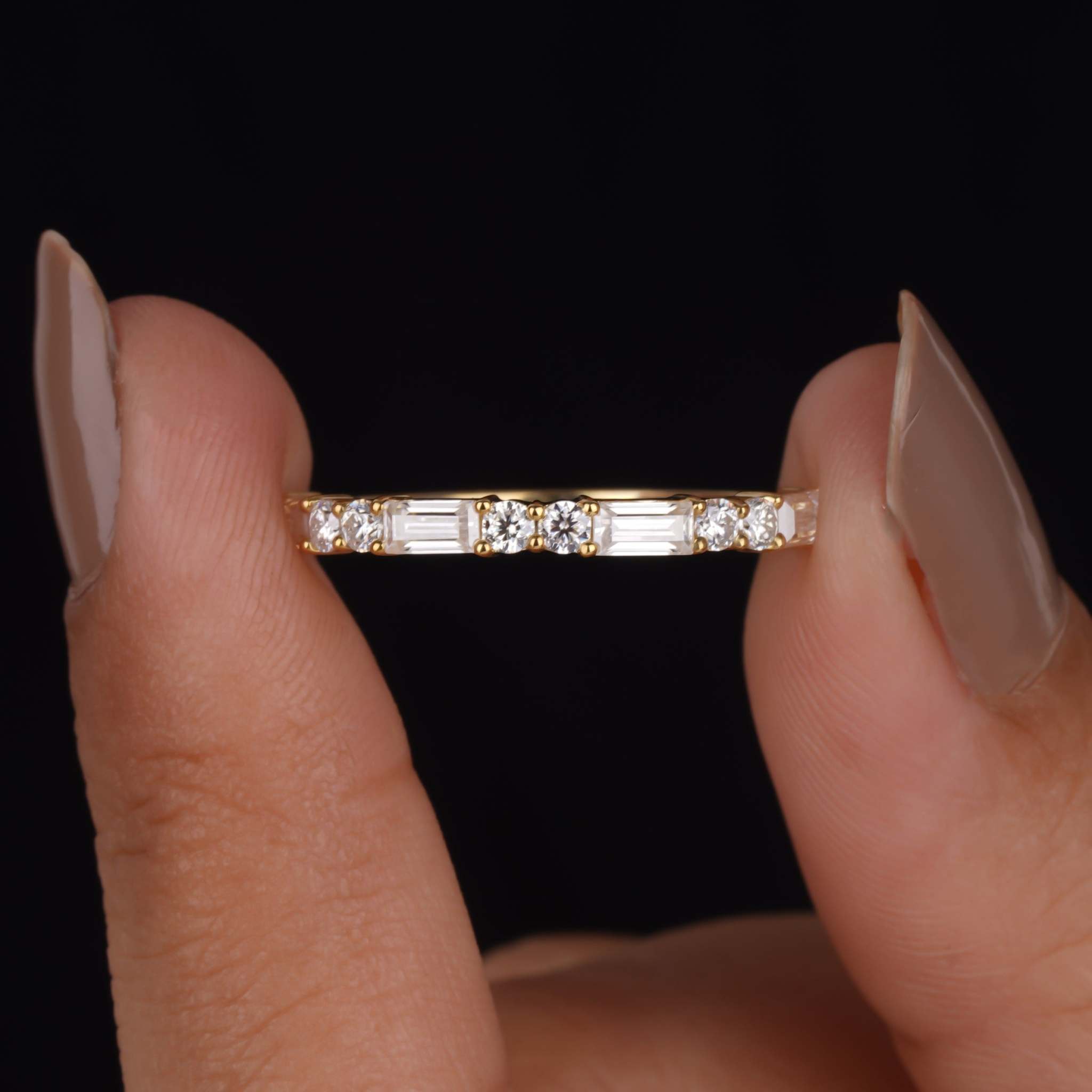 Baguette and Round Moissanite Half Eternity Wedding Band