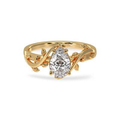 1 Carat Pear Shaped Diamond Nature Inspired Solitaire Vintage 14K Gold Promise Ring For Her