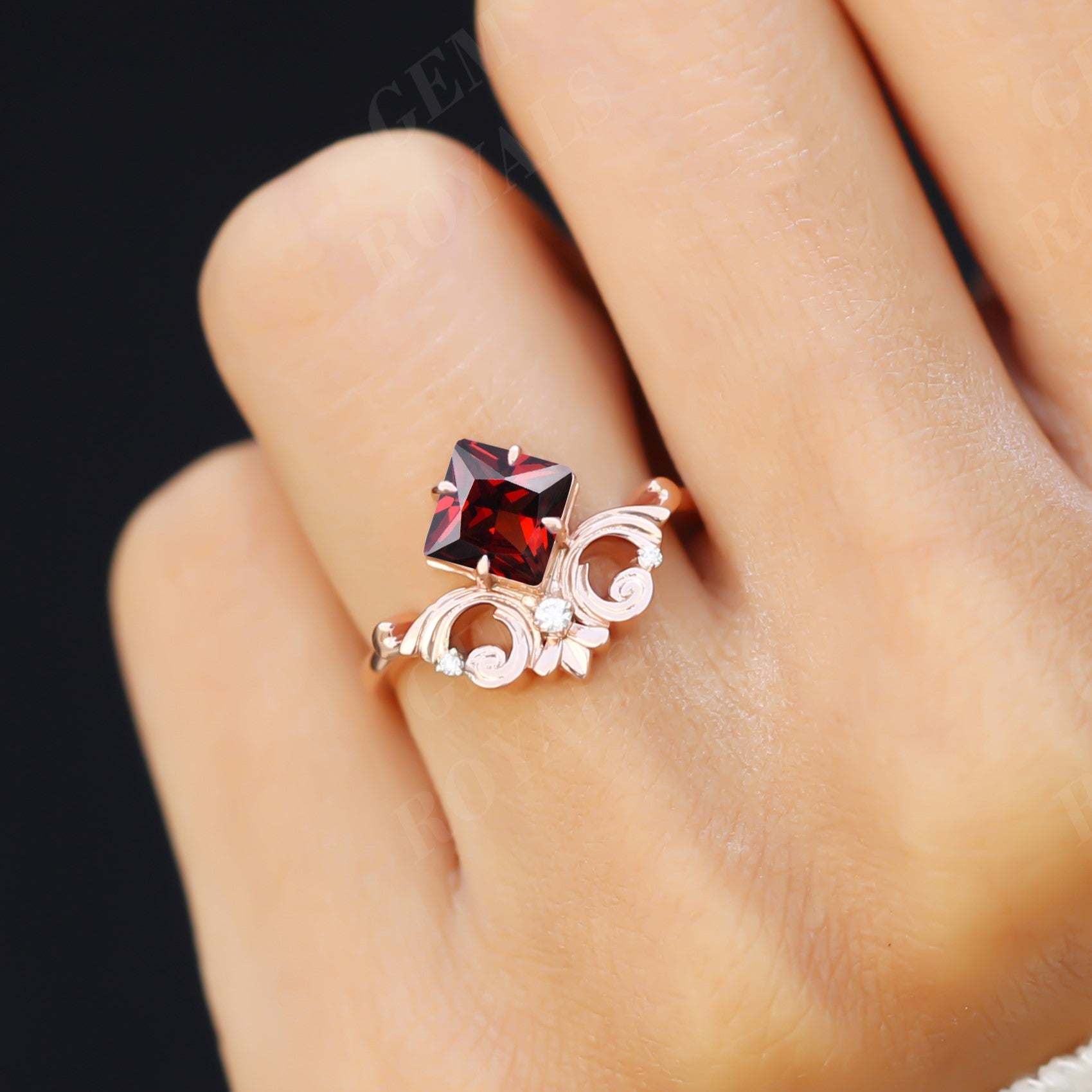 Art Deco Princess Cut Nature Red Garnet Engagement Ring