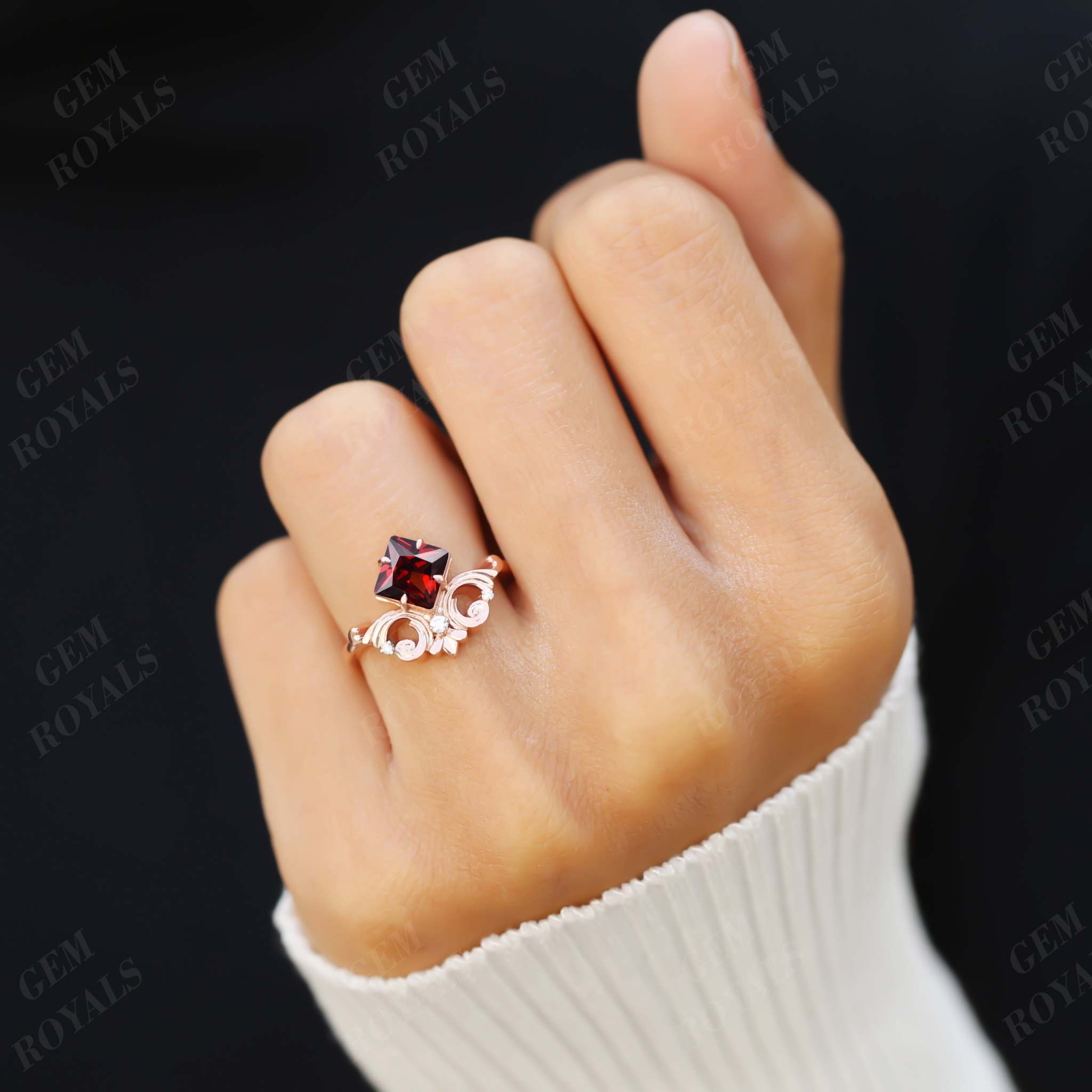 Art Deco Princess Cut Nature Red Garnet Engagement Ring