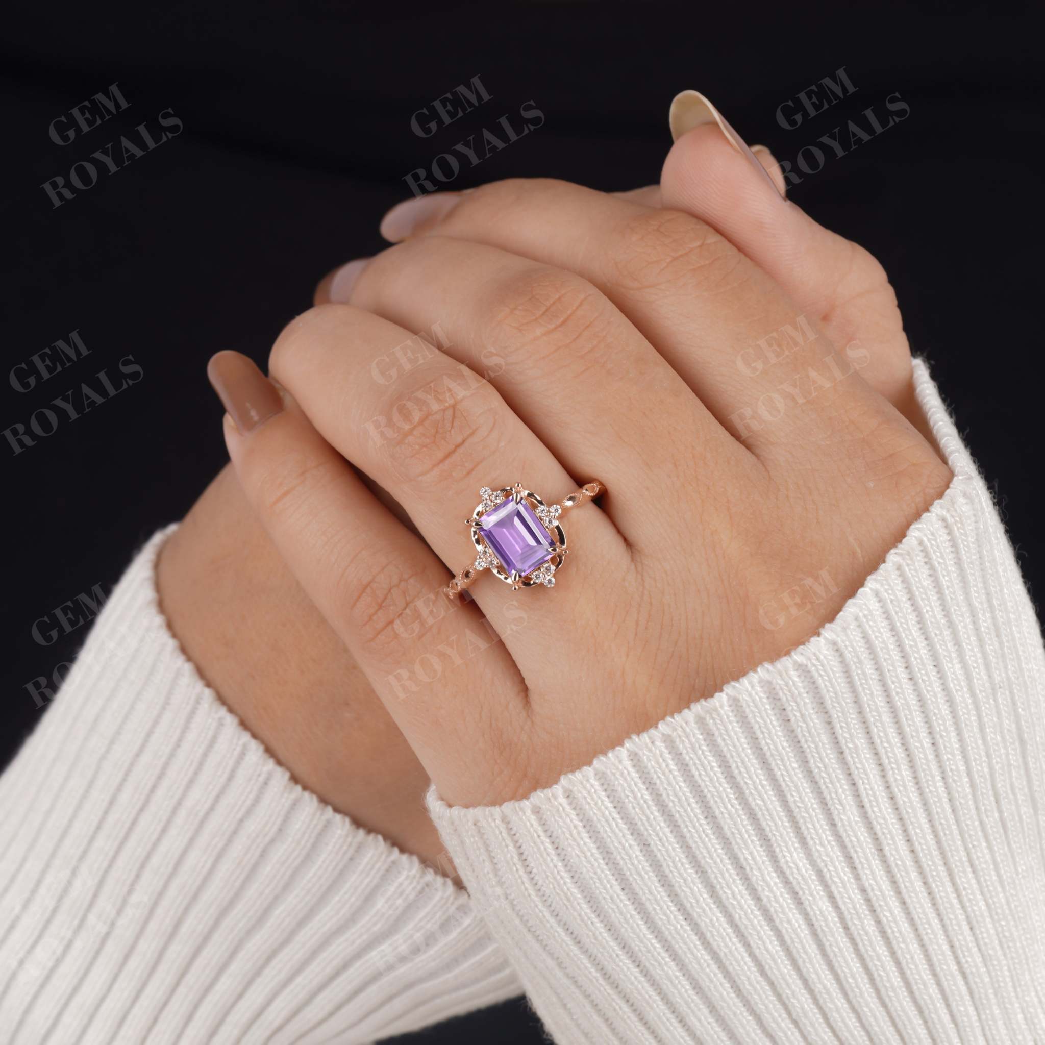 Art Deco Emerald Cut Amethyst Engagement Ring