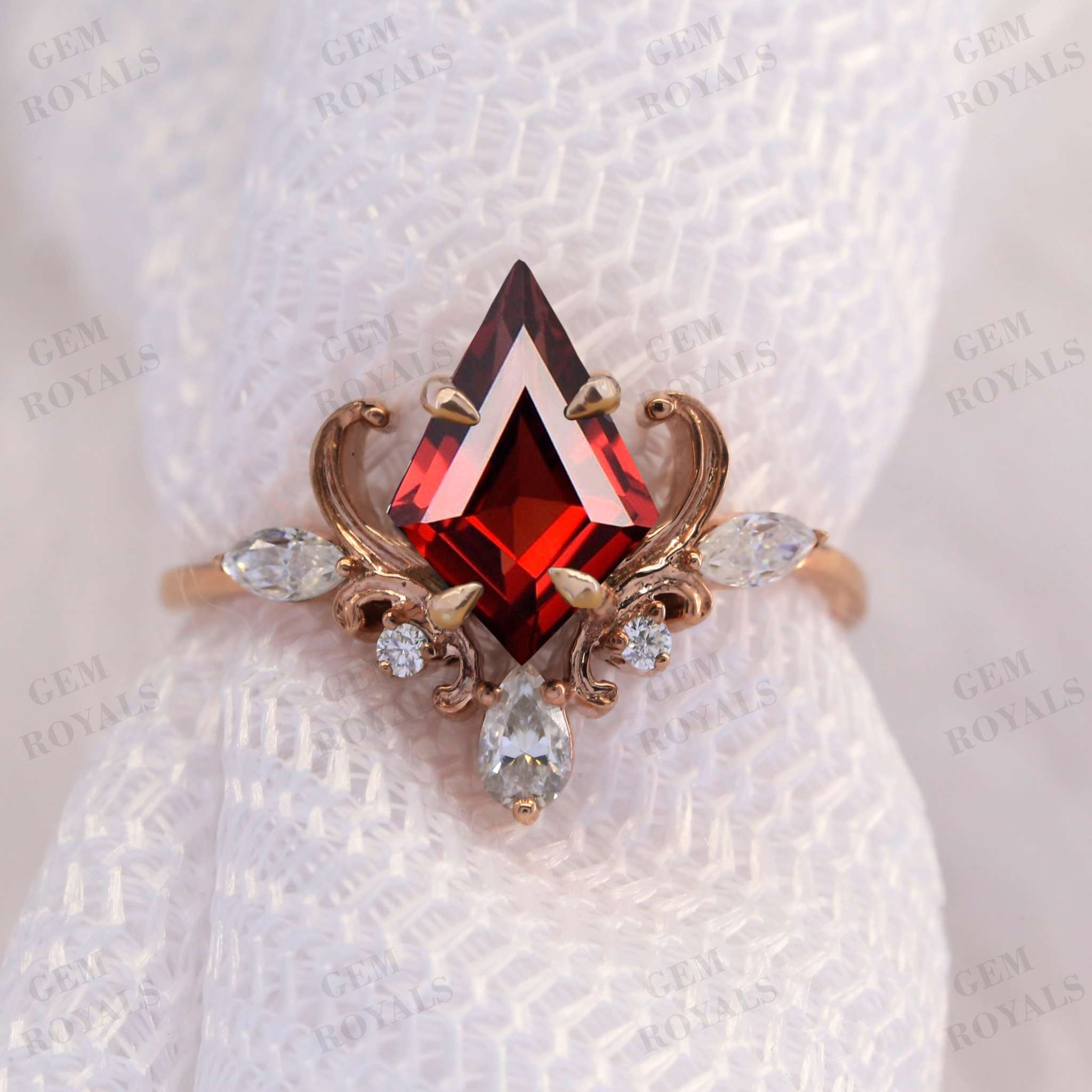 Vintage Style Kite Cut Red Garnet Engagement Ring