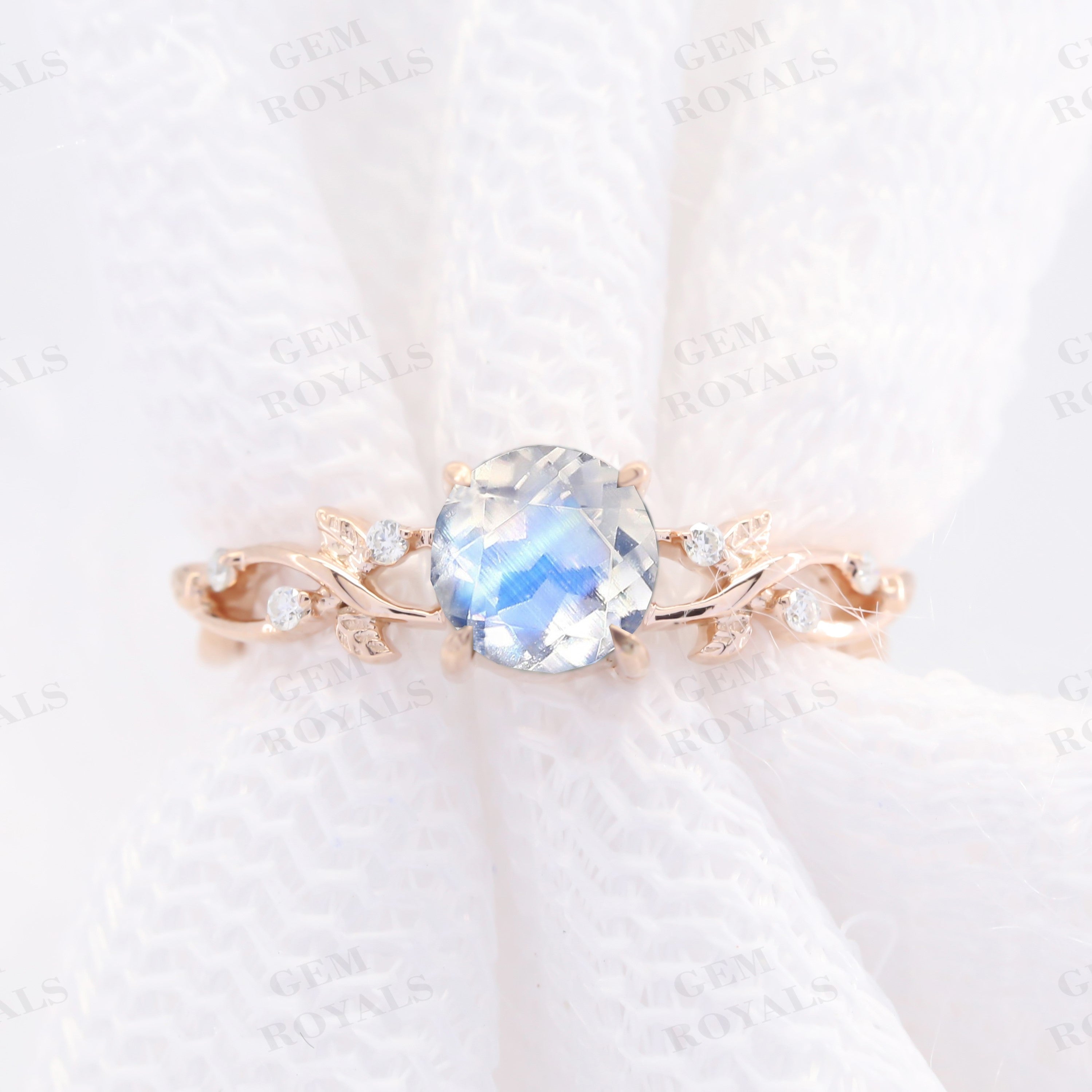 Nature Inspired Leaf Design Rainbow Moonstone Engagement Ring