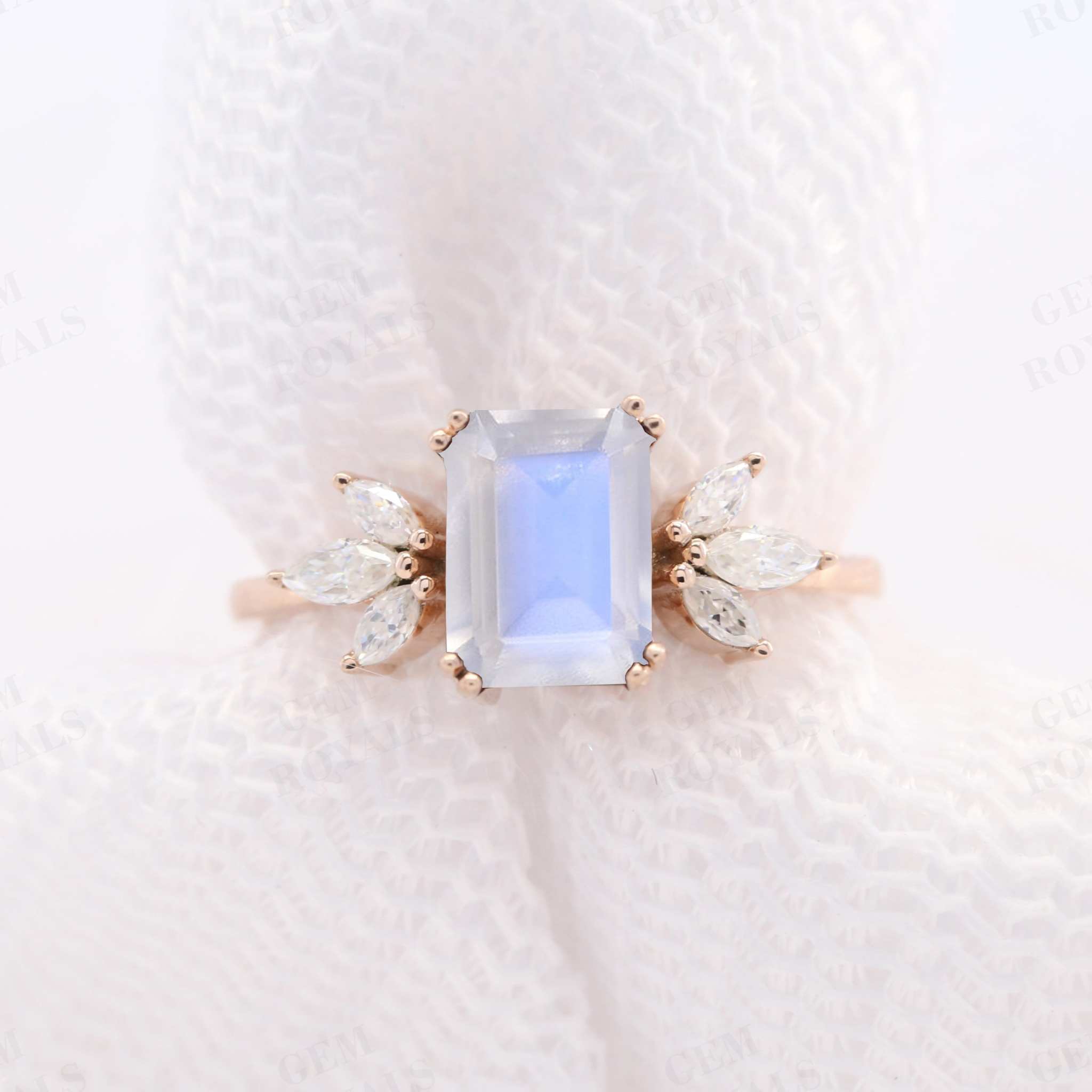 Cluster Emerald Cut Rainbow Moonstone Engagement Ring