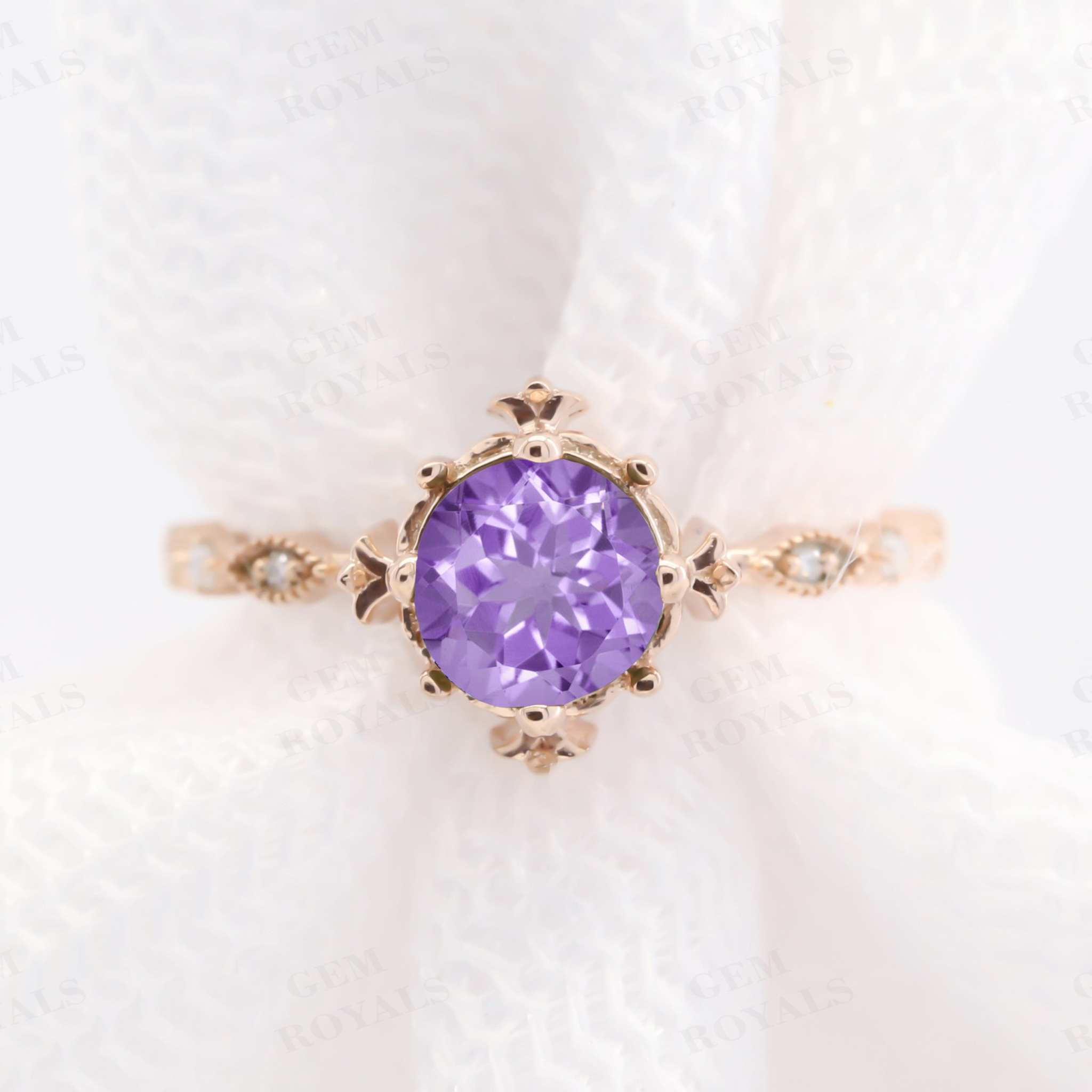 Dainty Round Natural Amethyst Engagement Ring