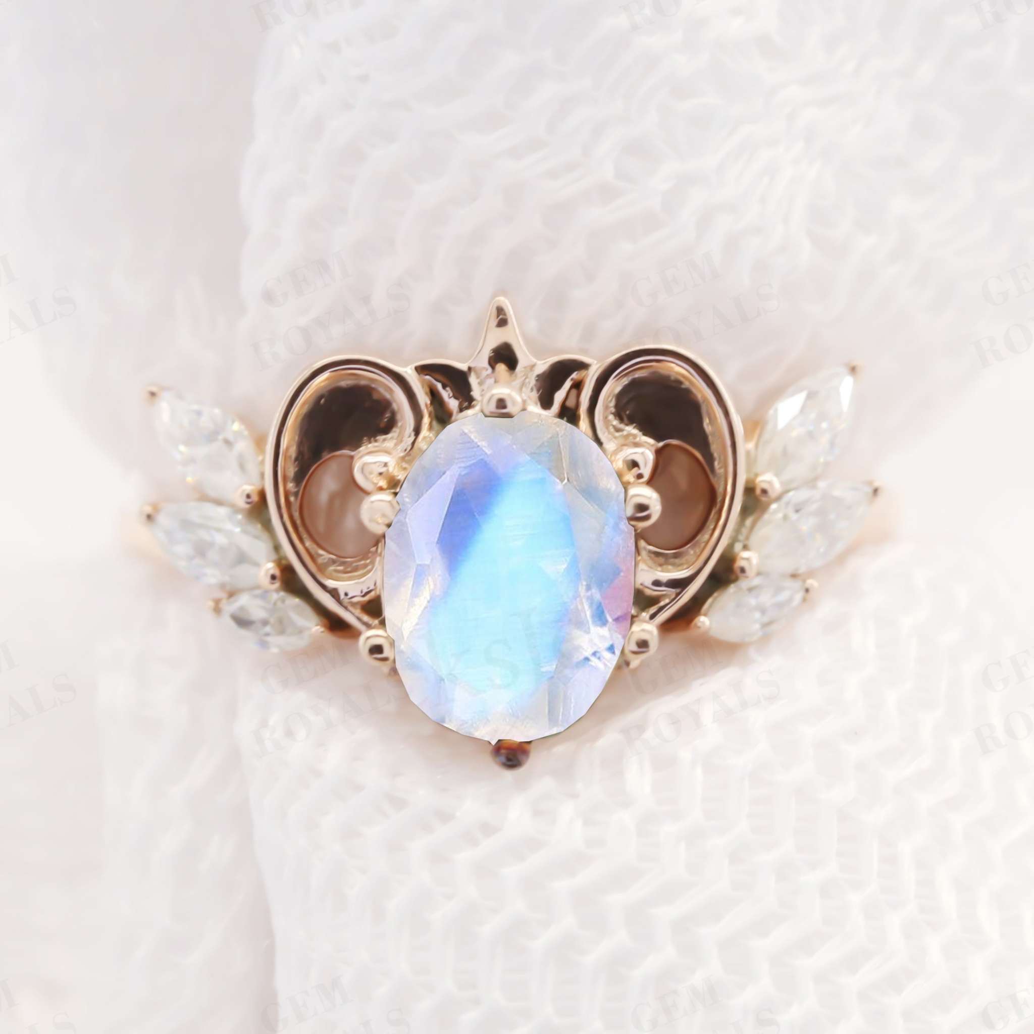 Art Deco Oval Cut Rainbow Moonstone Engagement Ring