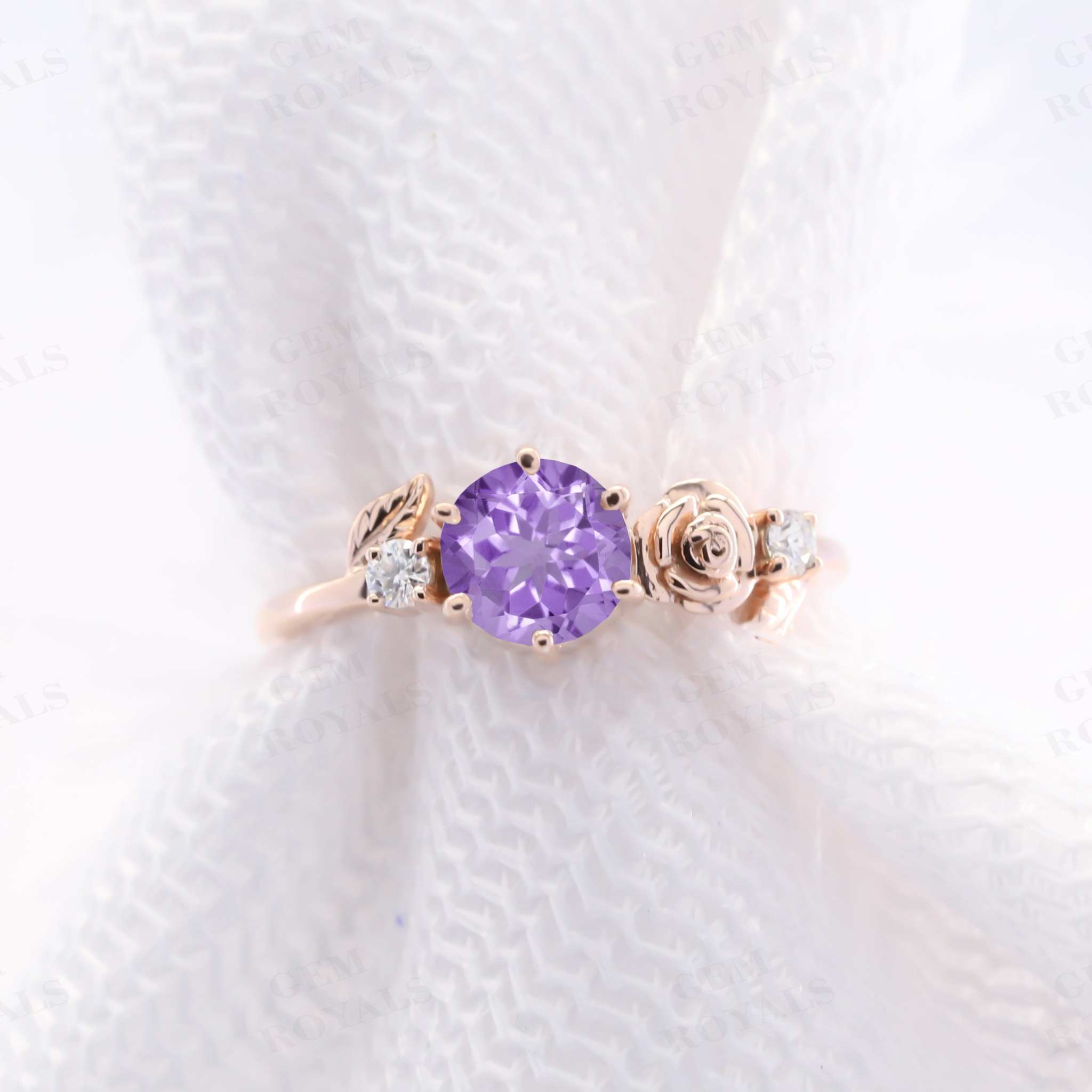 Dainty Flower Round Natural Amethyst Engagement Ring