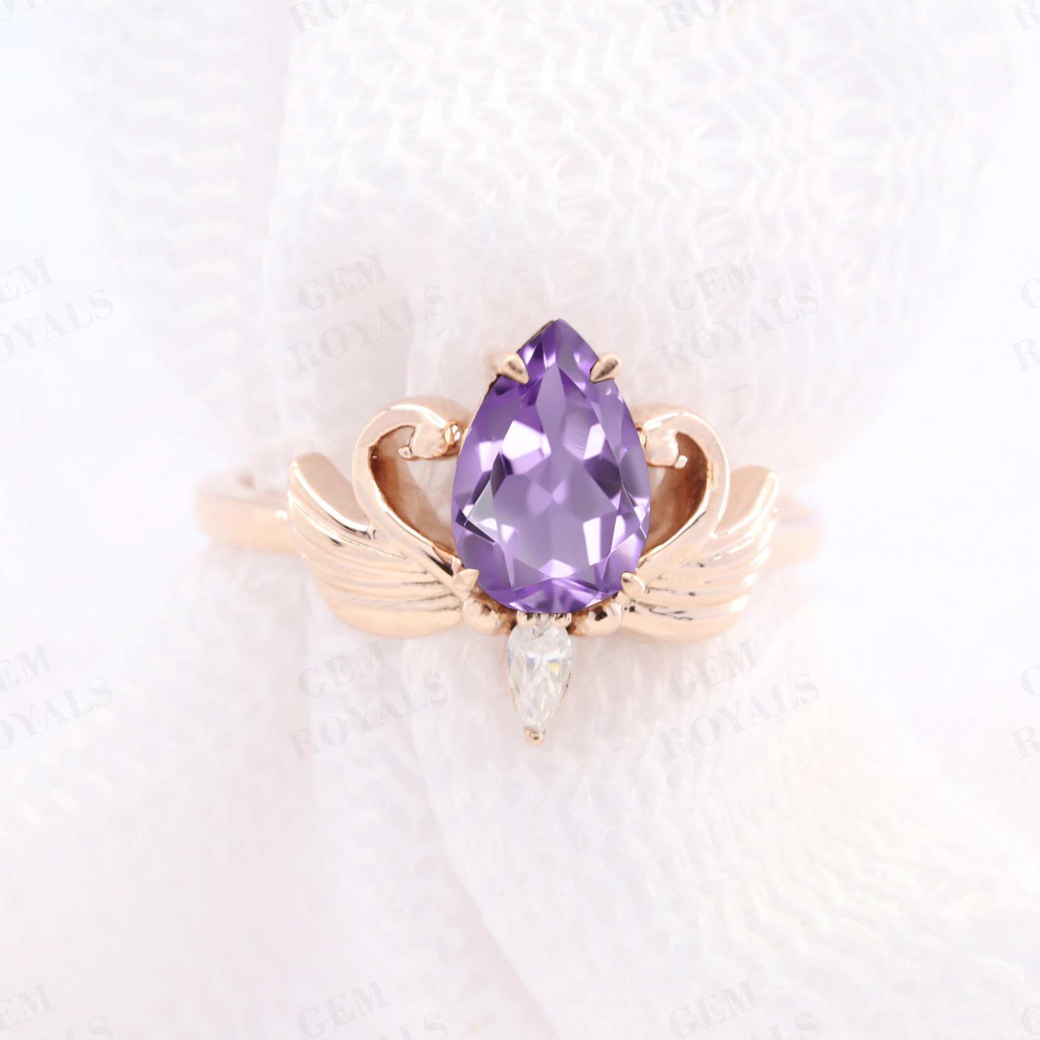 Antique Pear Cut Natural Purple Amethyst Engagement Ring