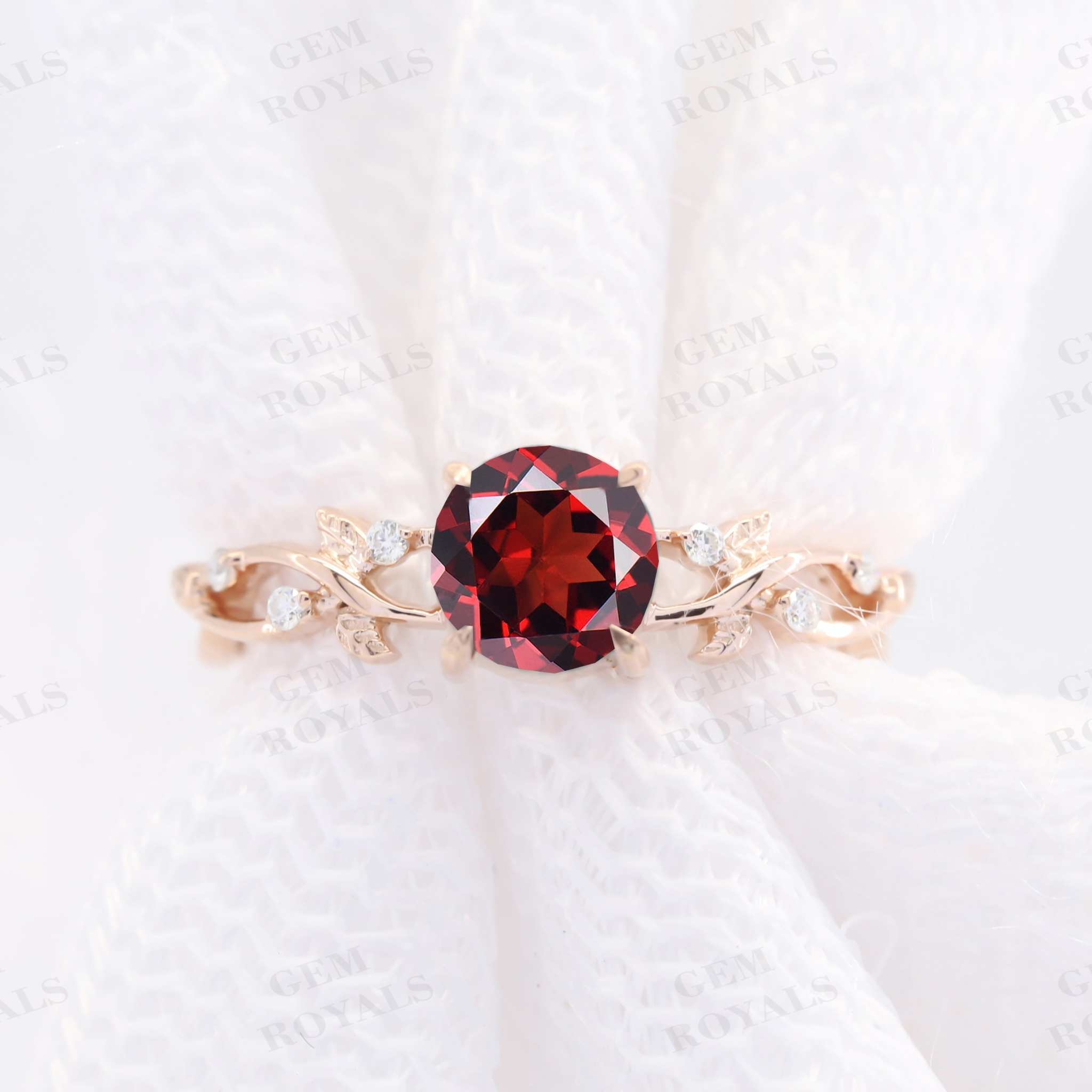 Nature Inspired Round Cut Red Garnet Engagement Ring