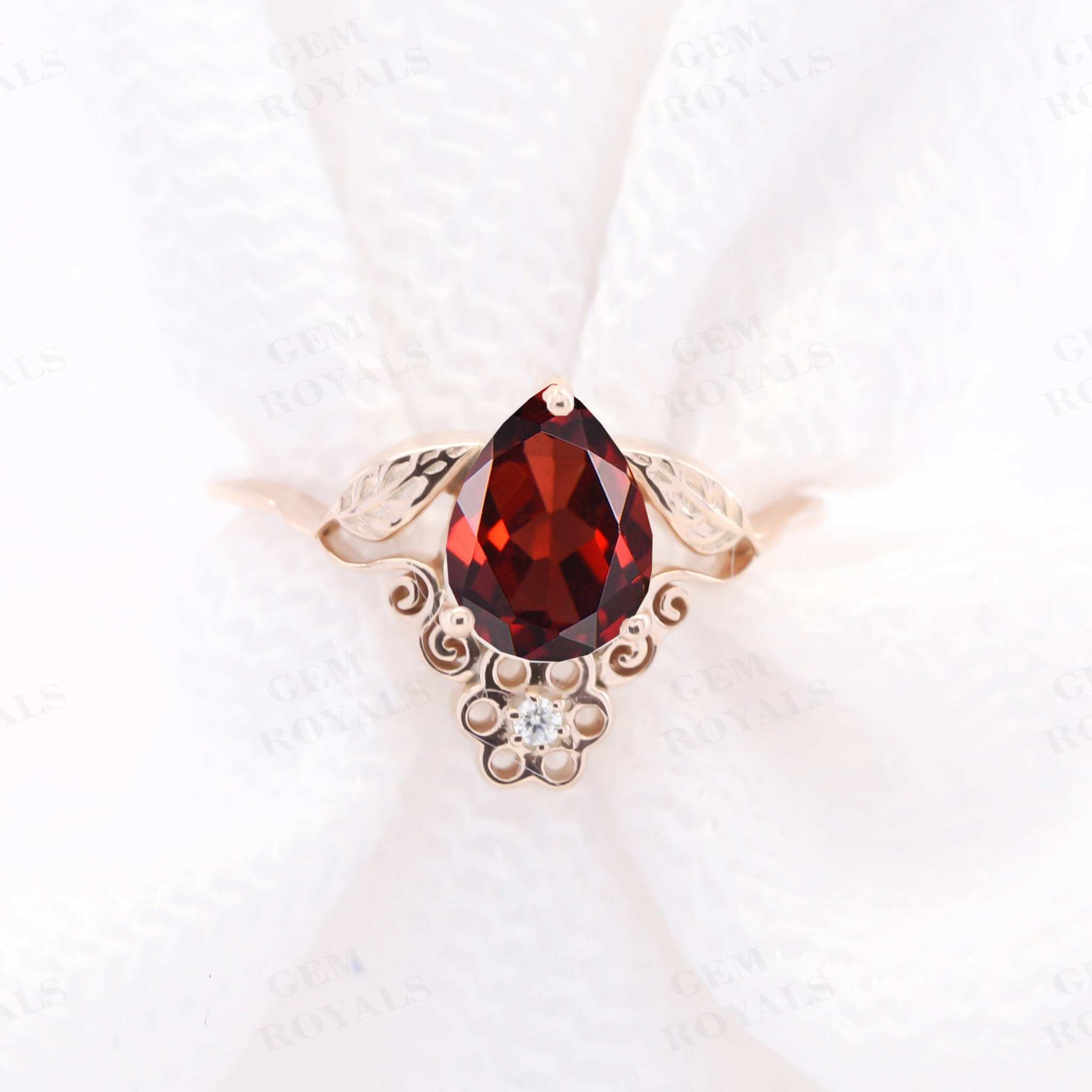 Vintage Flower Style Art Deco Pear Cut Garnet Engagement Ring