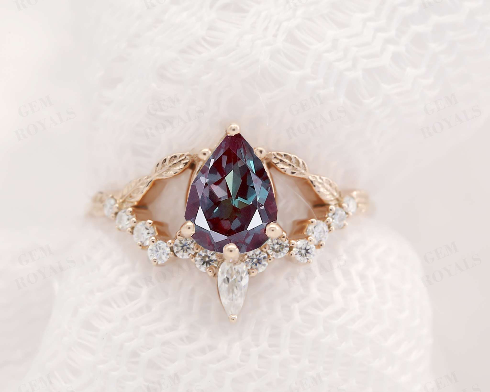 Nature Inspired Pear Shaped Alexandrite Engagement Ring