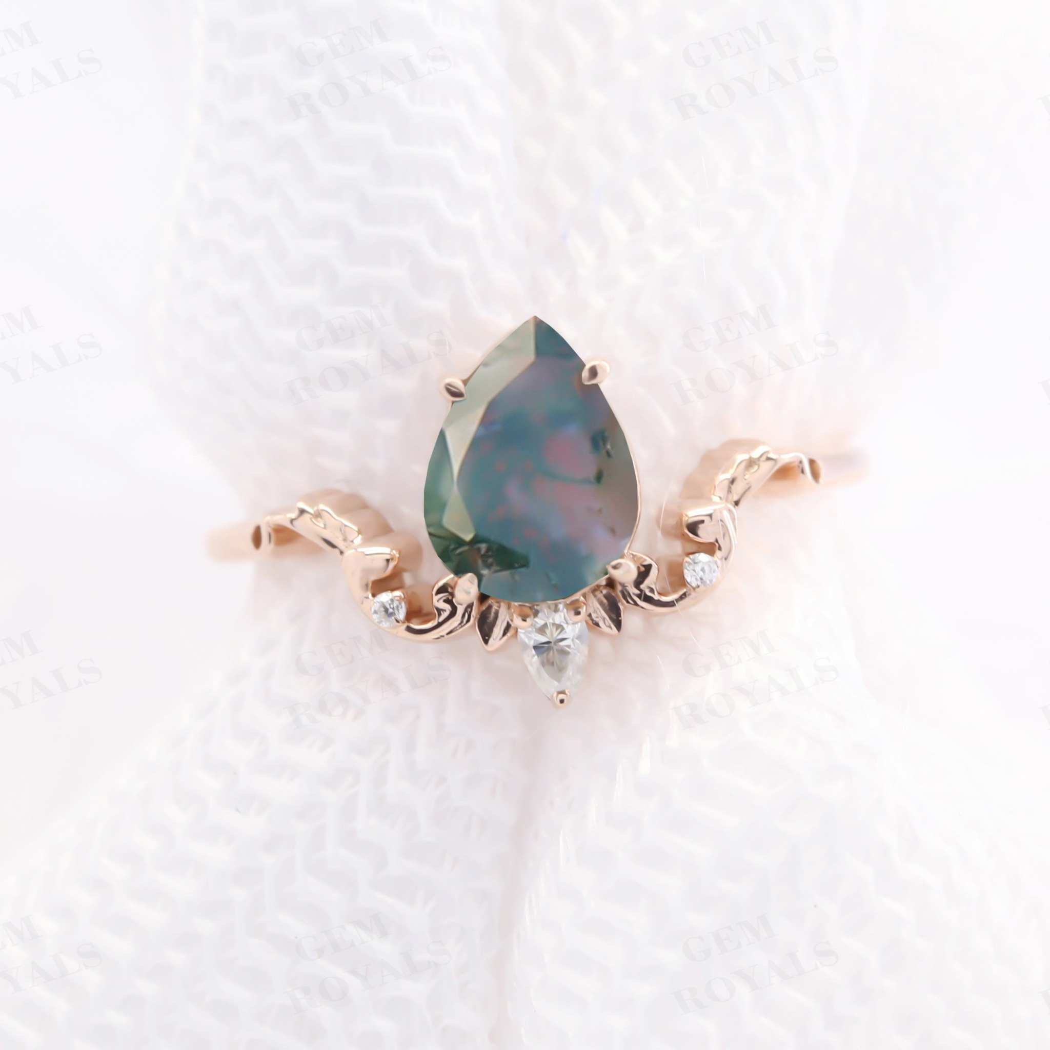 Vintage Art Deco Pear Shaped Moss Agate Engagement Ring