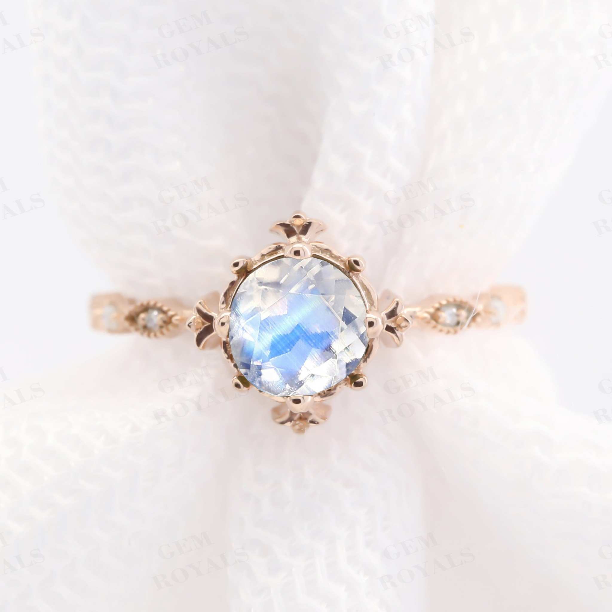 Vintage Round Cut Rainbow Moonstone Engagement Ring