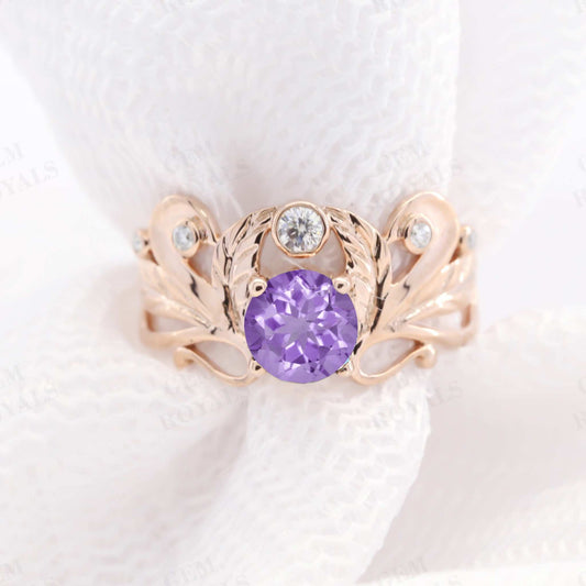 Vintage Style Art Deco Round Purple Amethyst Engagement Ring