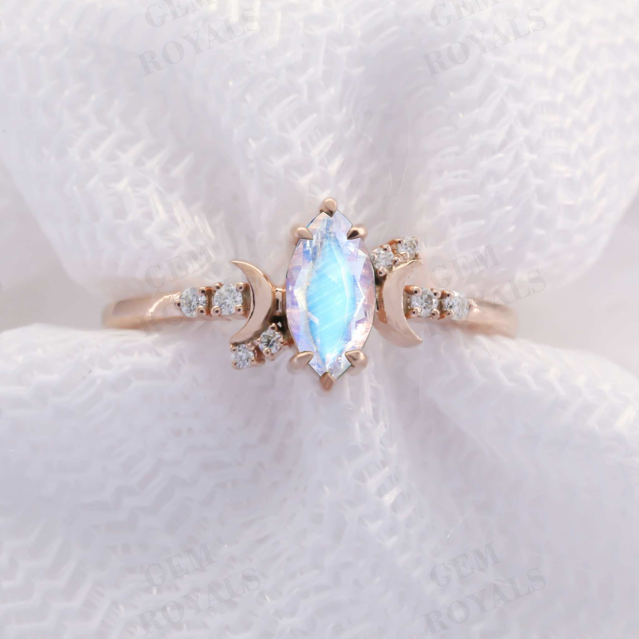 Celestial Marquise Cut Rainbow Moonstone Engagement Ring