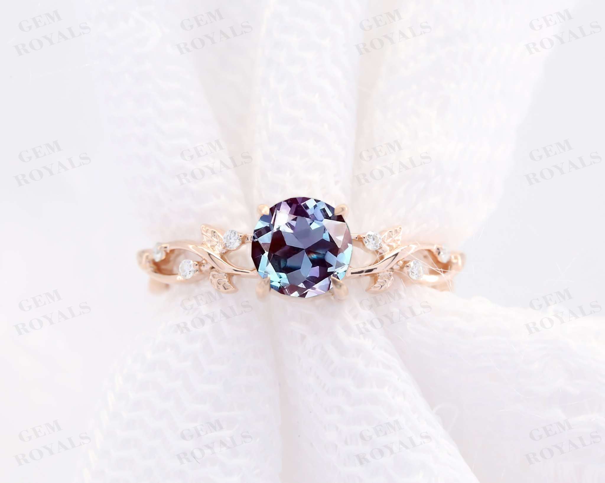 Nature Inspired Round Cut Alexandrite Engagement Ring