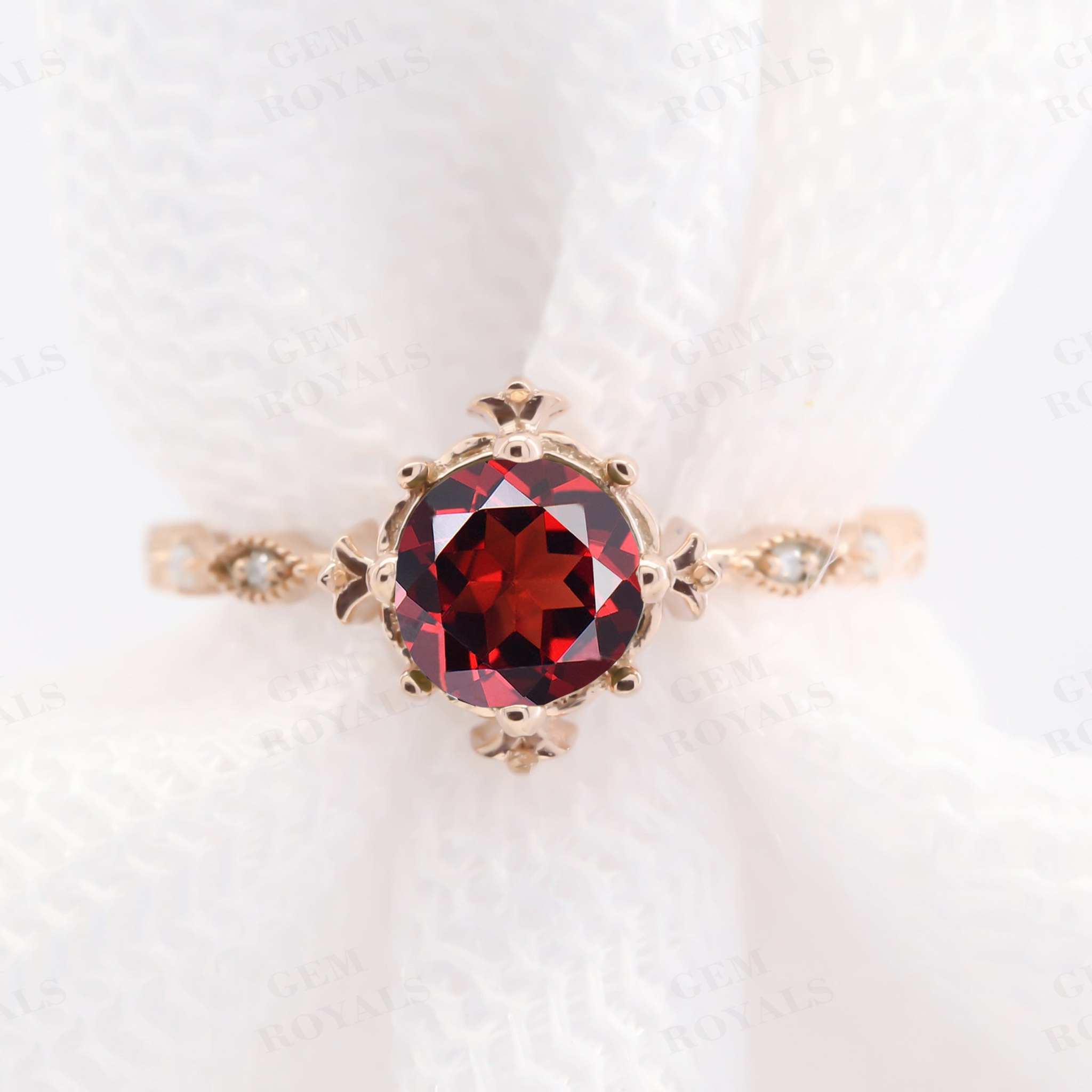 Vintage Milgrain Round Natural Red Garnet Engagement Ring