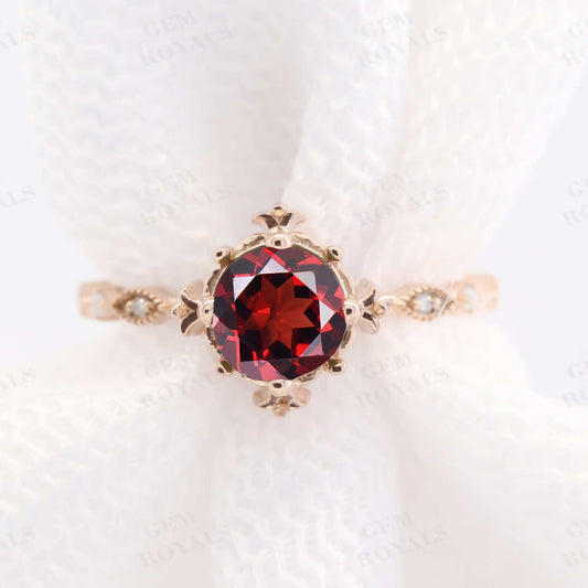 Vintage Milgrain Round Natural Red Garnet Engagement Ring